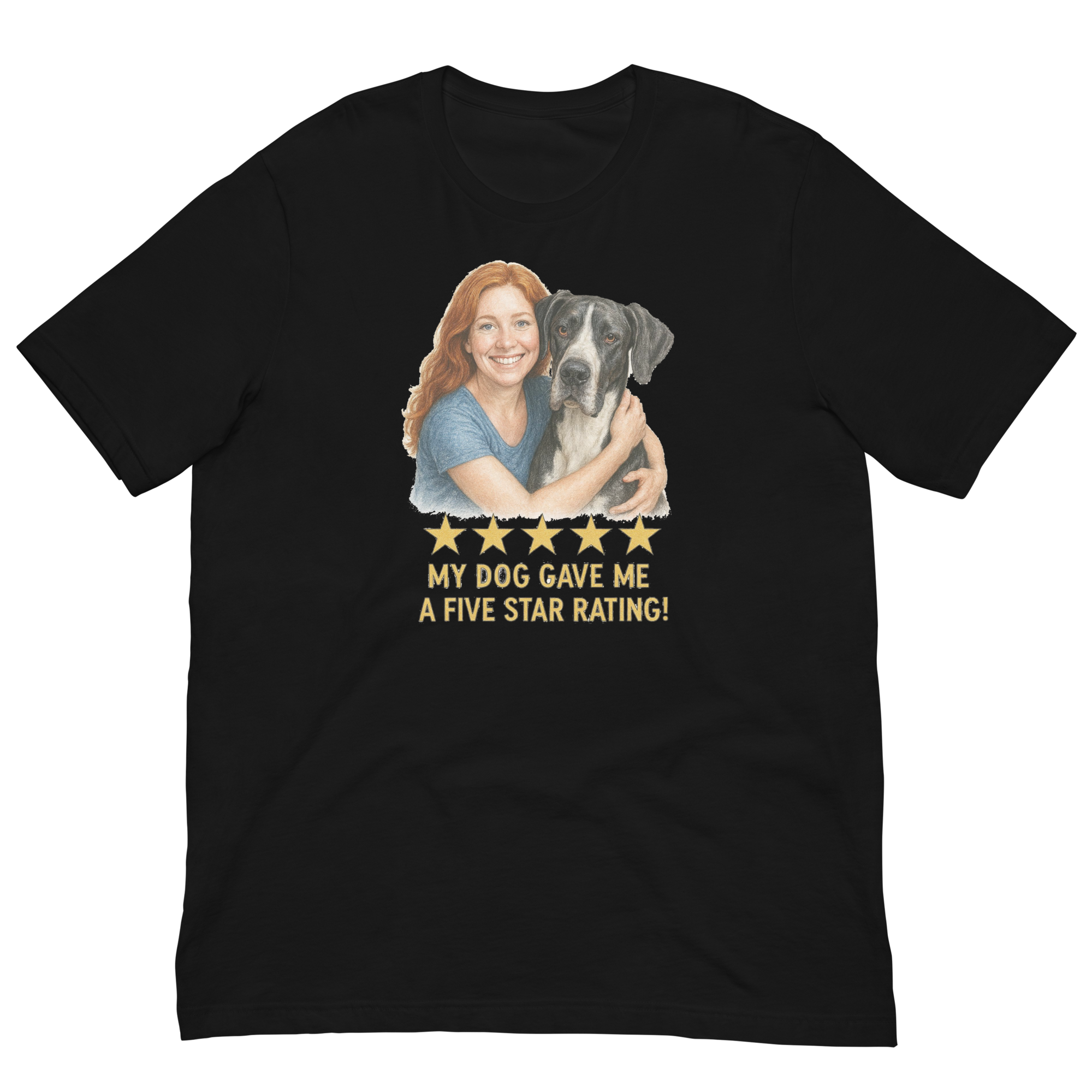 Red Hair Woman with Great Dane graphic tee.