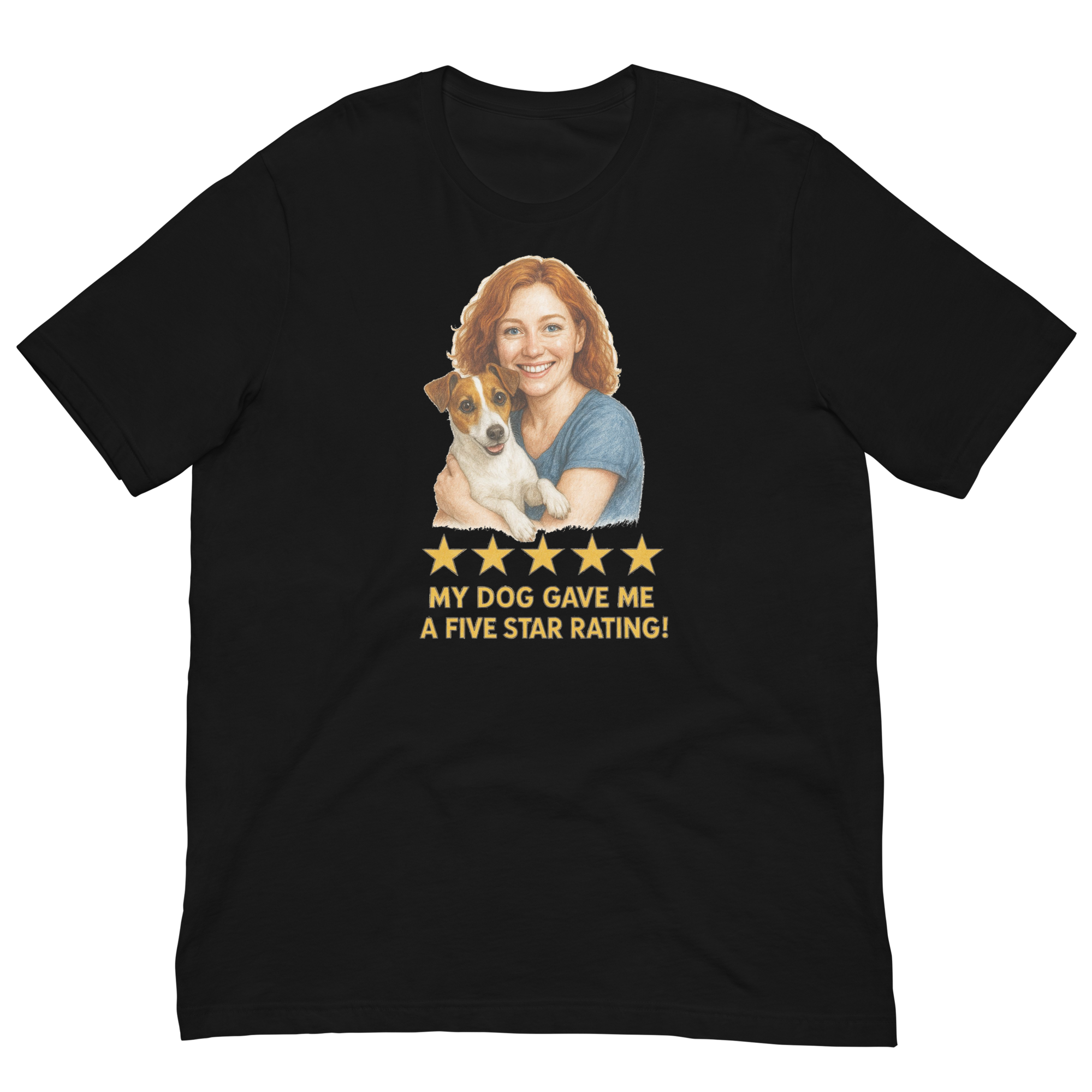 Red Hair Woman with Jack Russell Terrier graphic tee.