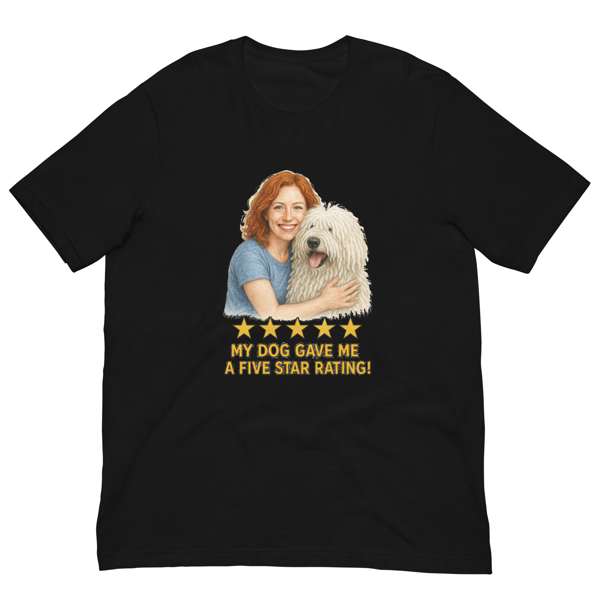 Red Hair Woman with Komondor graphic tee.