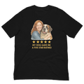Red Hair Woman with Saint Bernard graphic tee.
