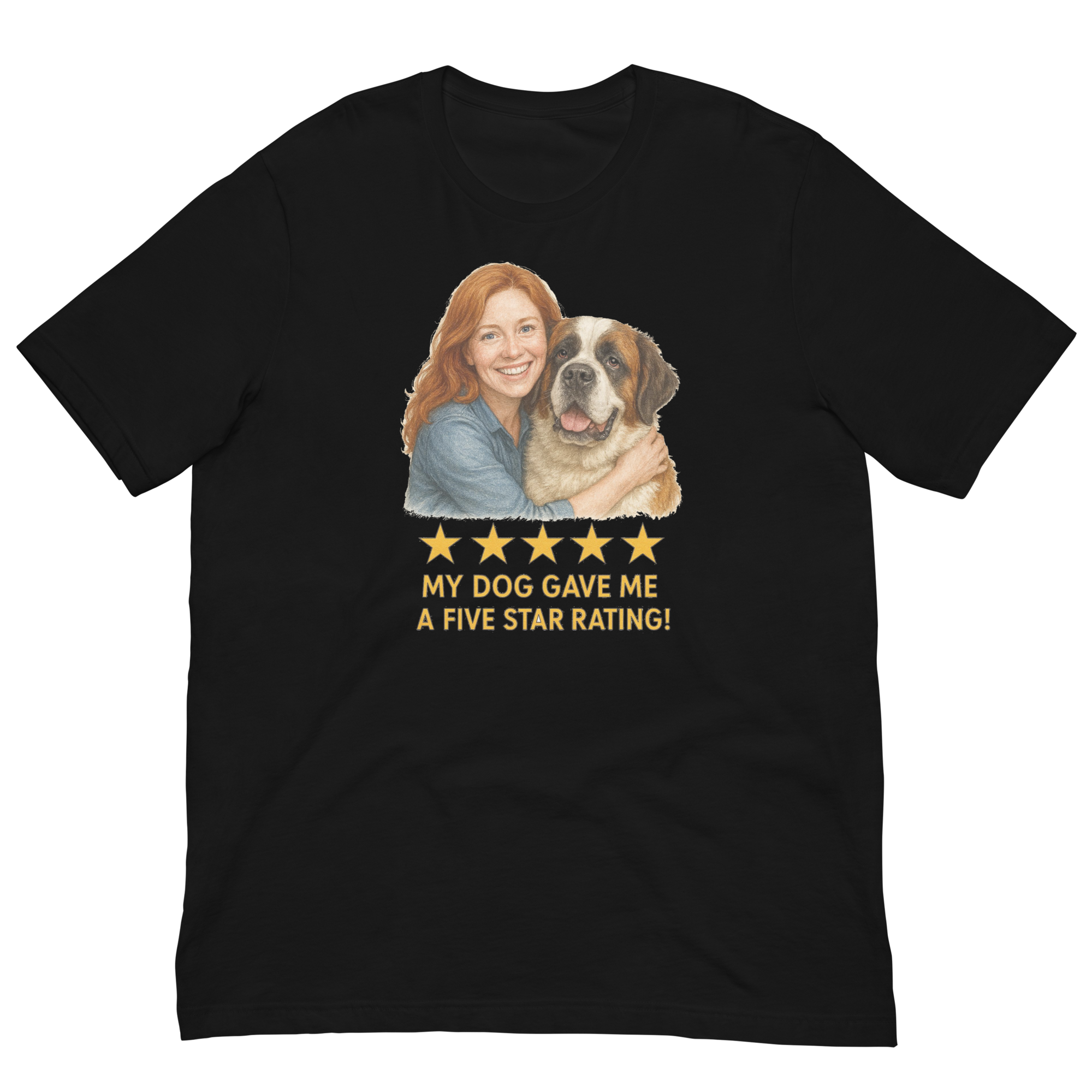 Red Hair Woman with Saint Bernard graphic tee.