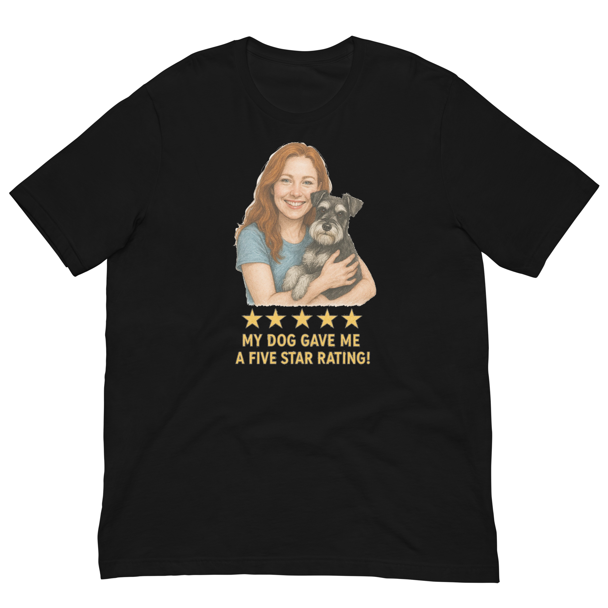 Red Hair Woman with Schnauzer graphic tee.