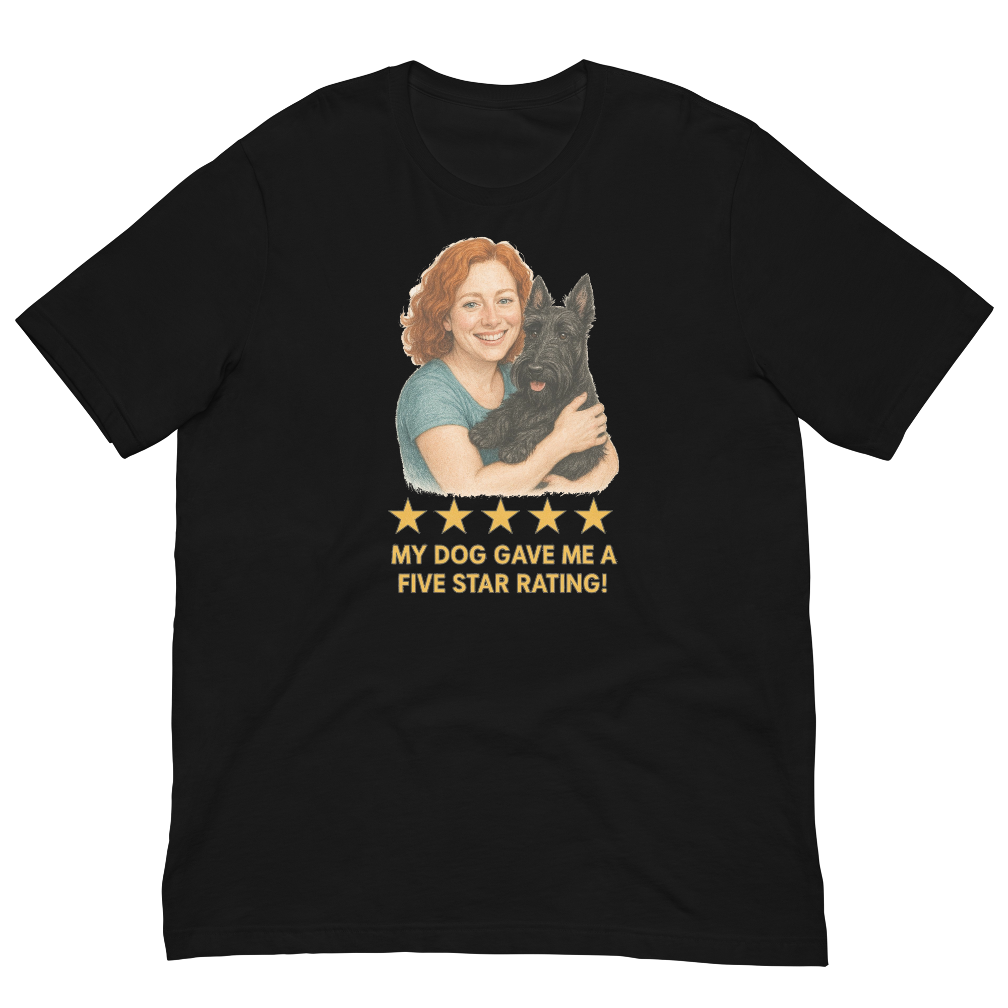 Red Hair Woman with Scottie graphic tee.