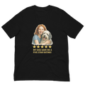 Red Hair Woman with Sheepdog graphic tee.