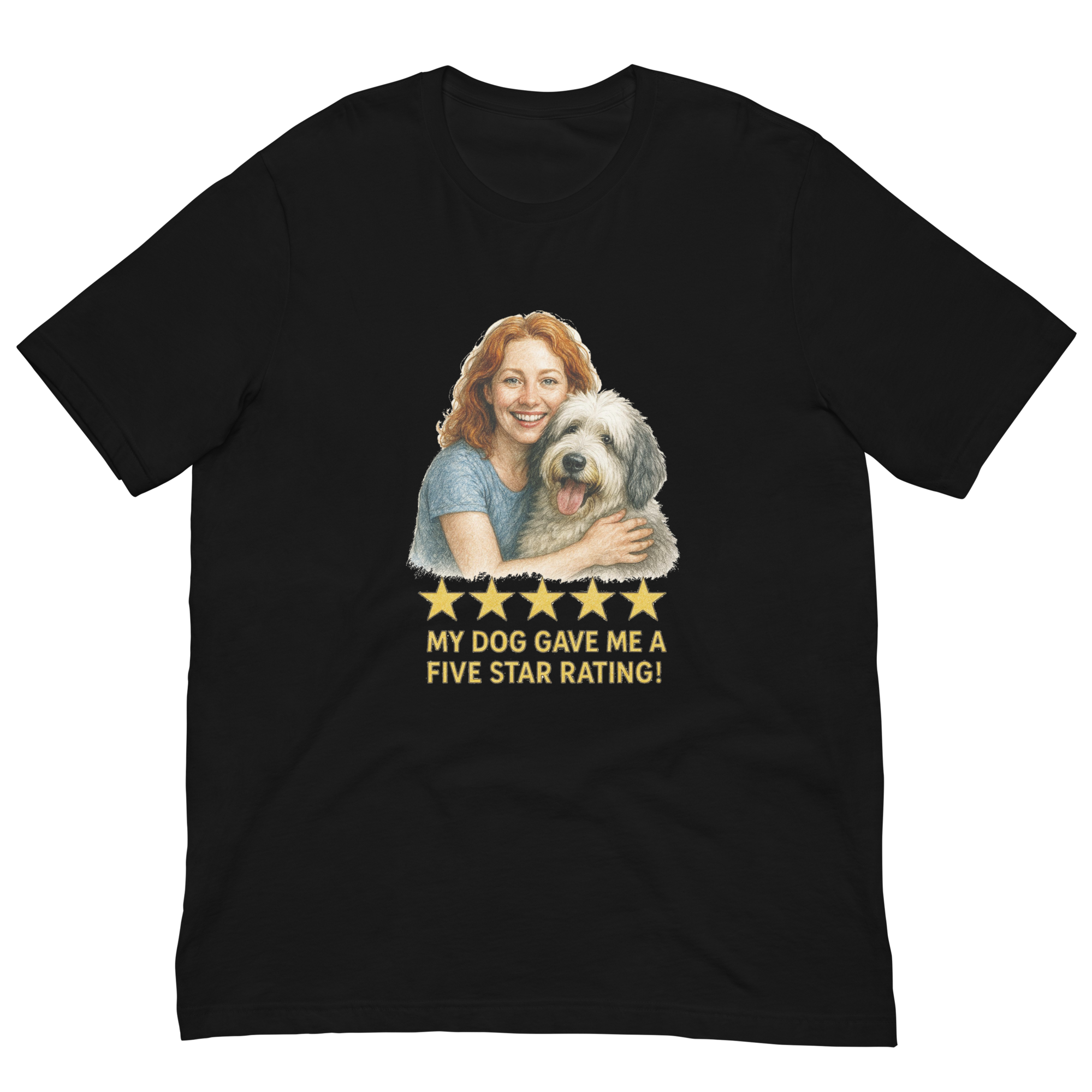 Red Hair Woman with Sheepdog graphic tee.