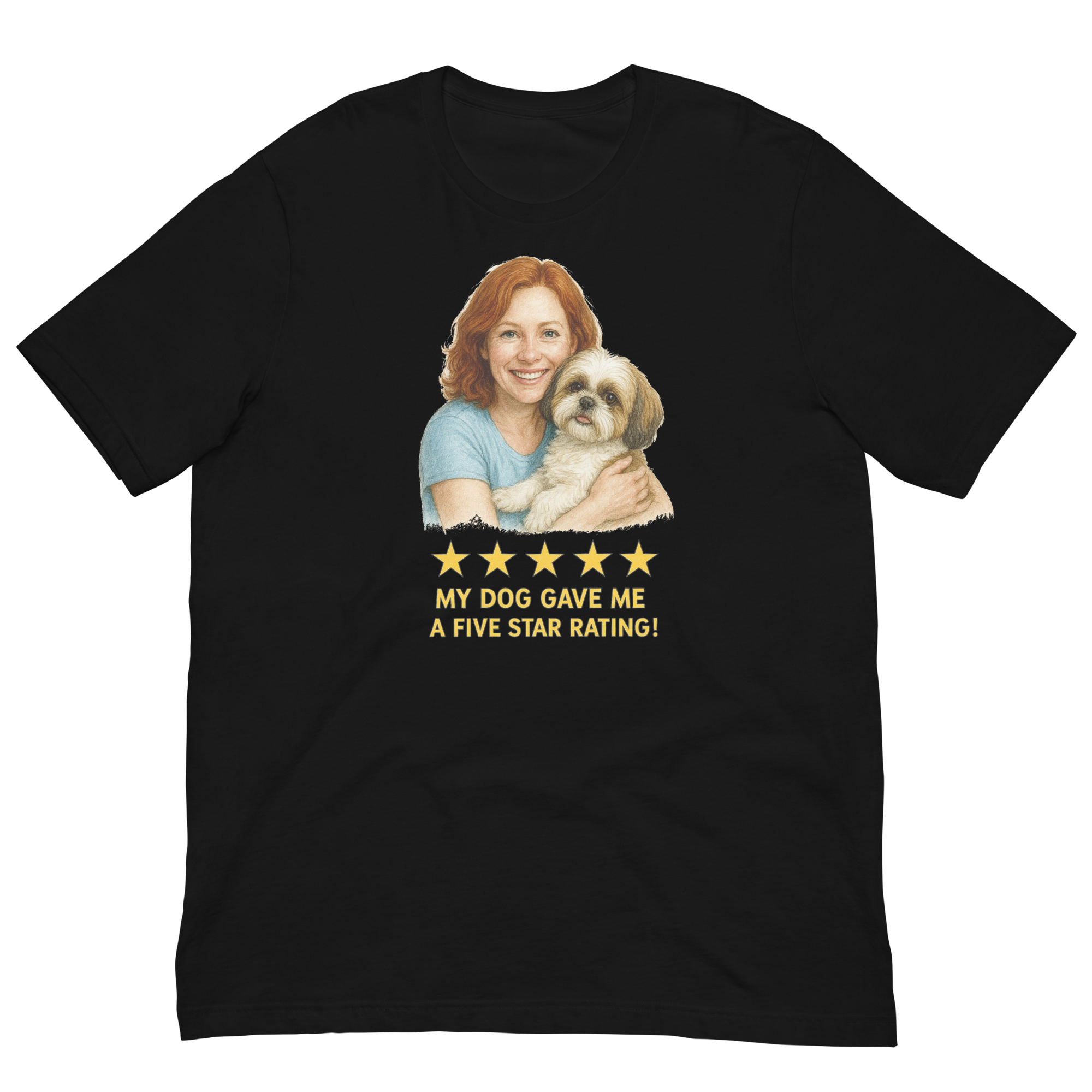 Red Hair Woman with Shih Tzu graphic tee.