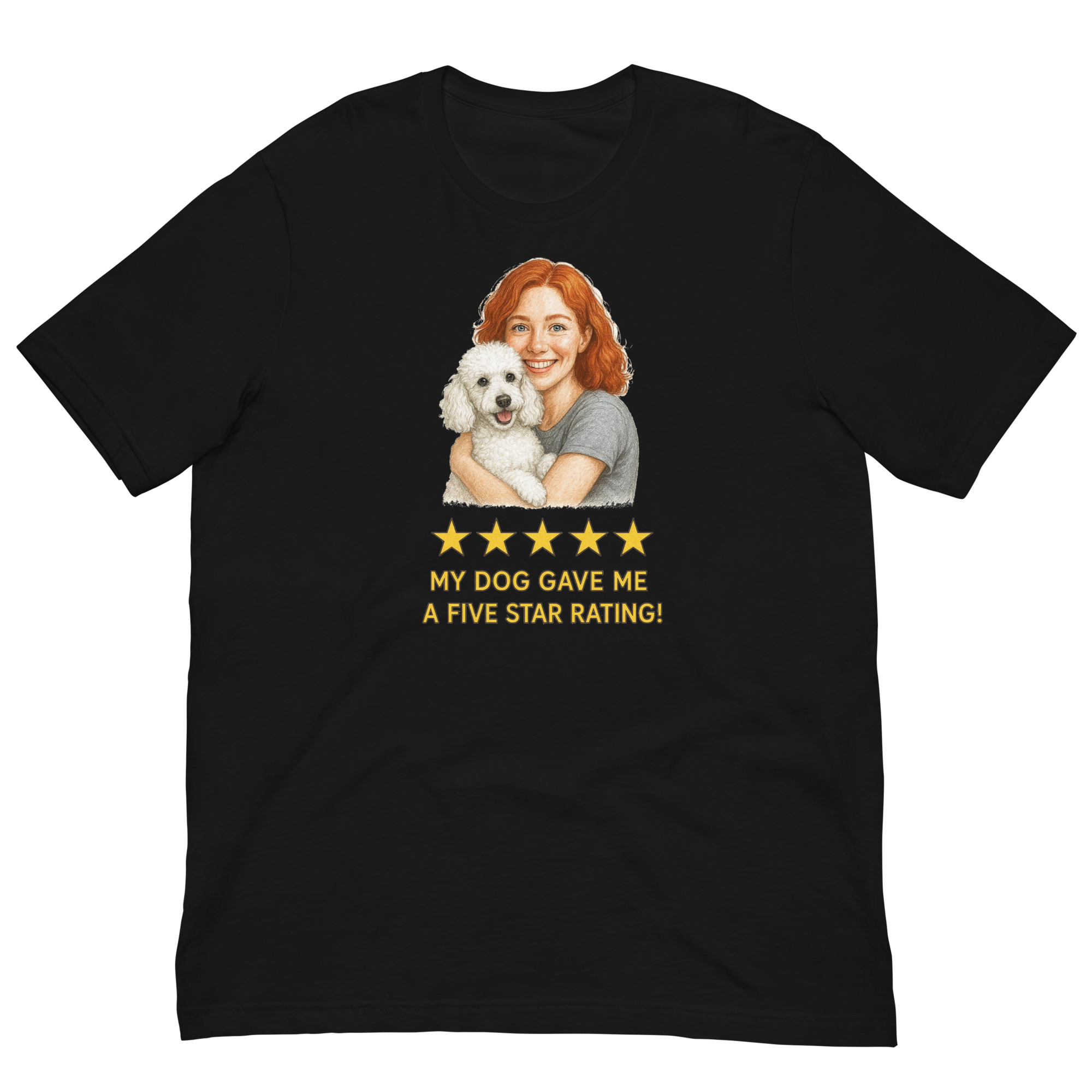 Red Hair Woman with White Poodle graphic tee.
