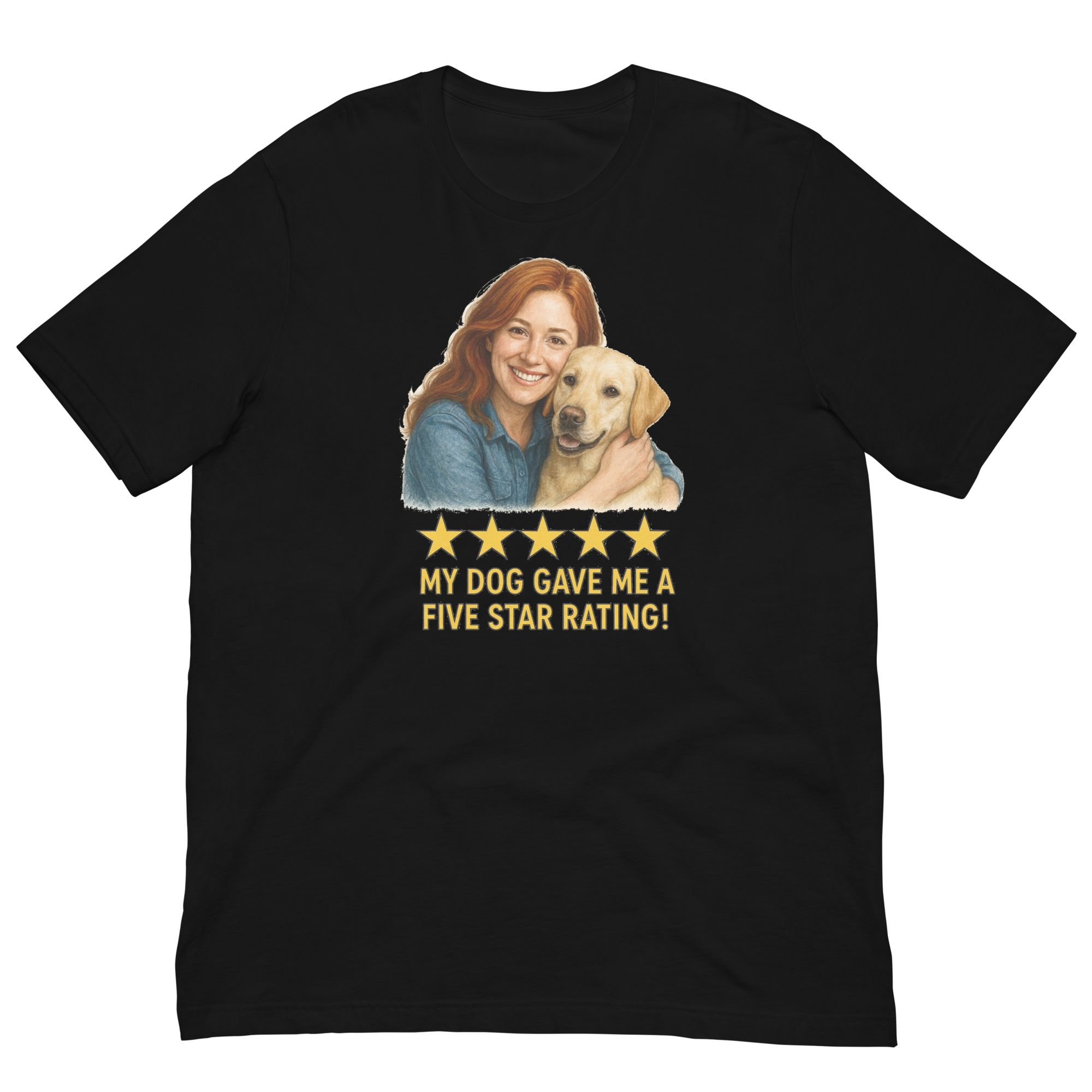 Red Hair Woman with Yellow Labrador graphic tee.