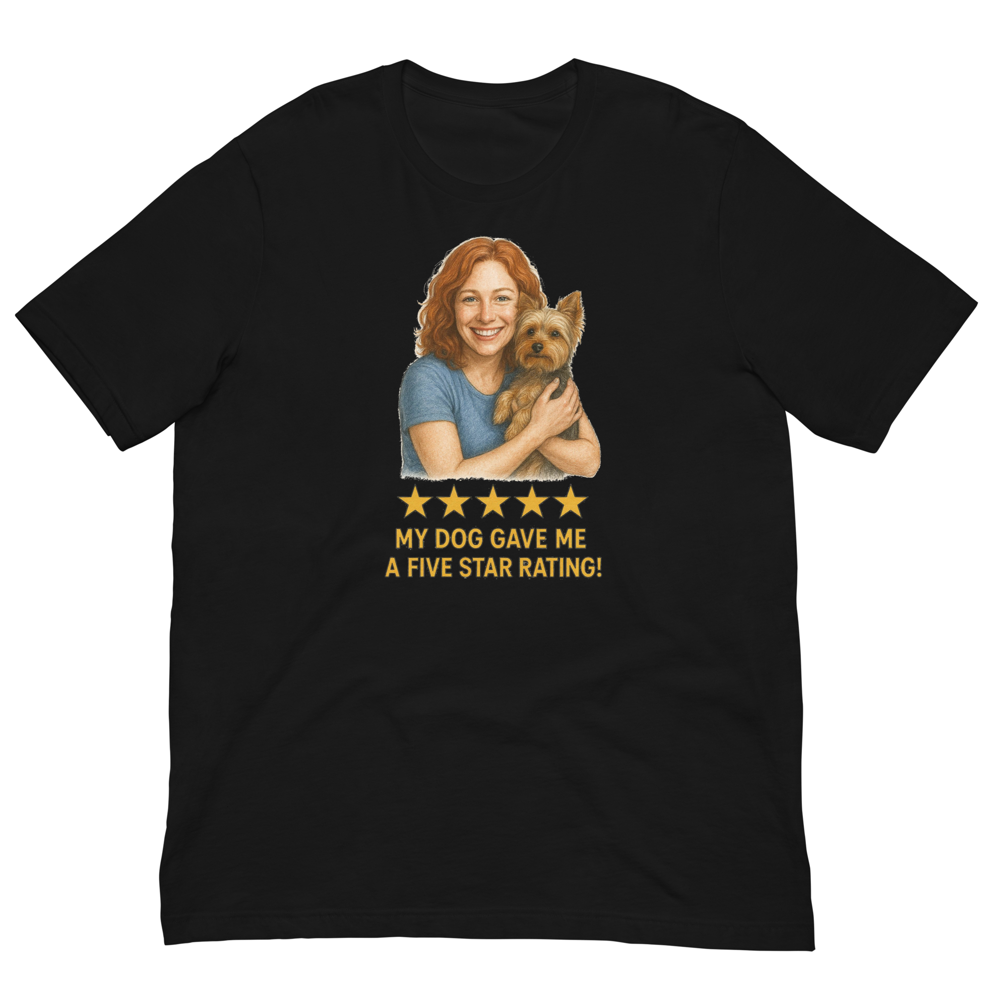 Red Hair Woman with Yorkie graphic tee.