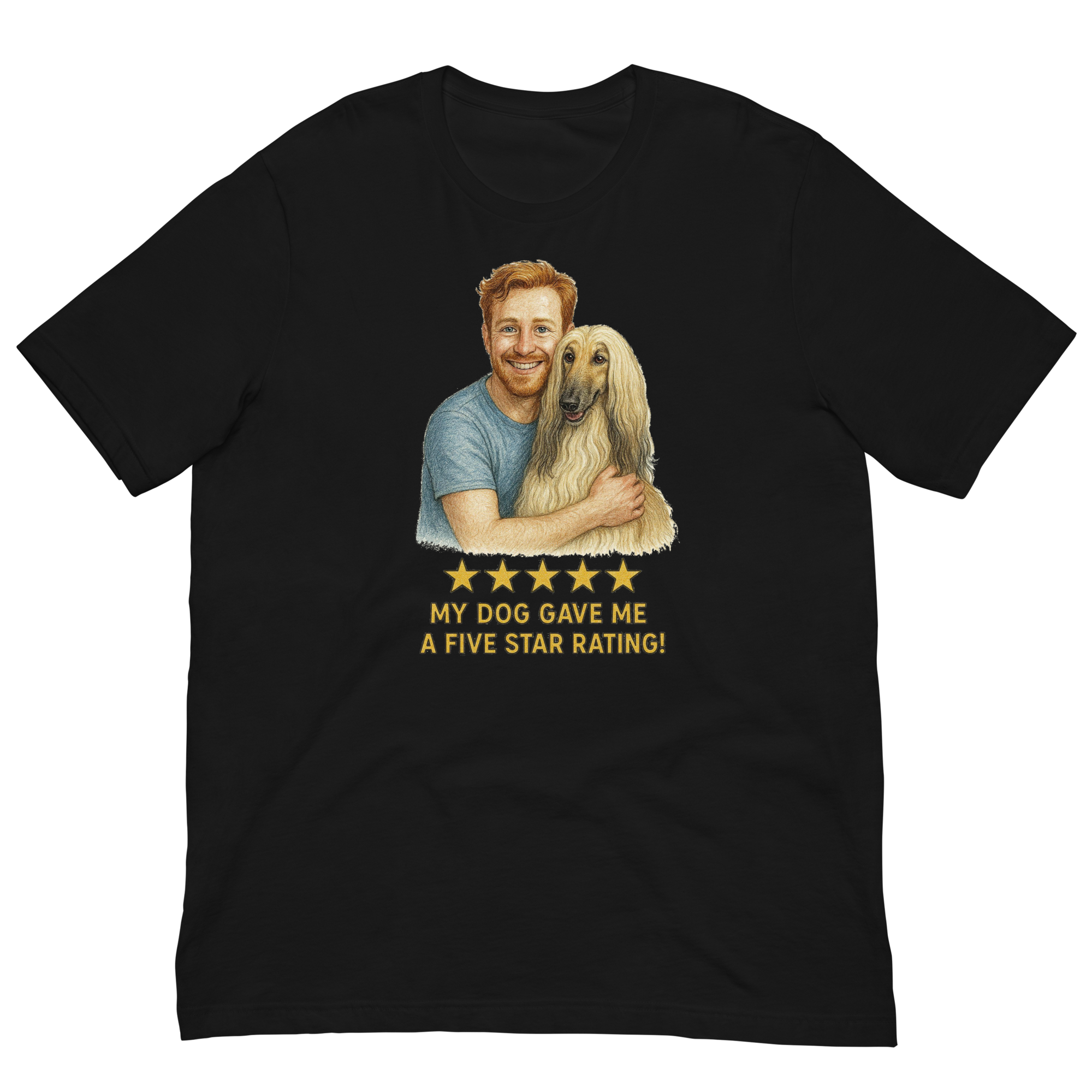 Red Hair Man with Afghan Hound graphic tee.