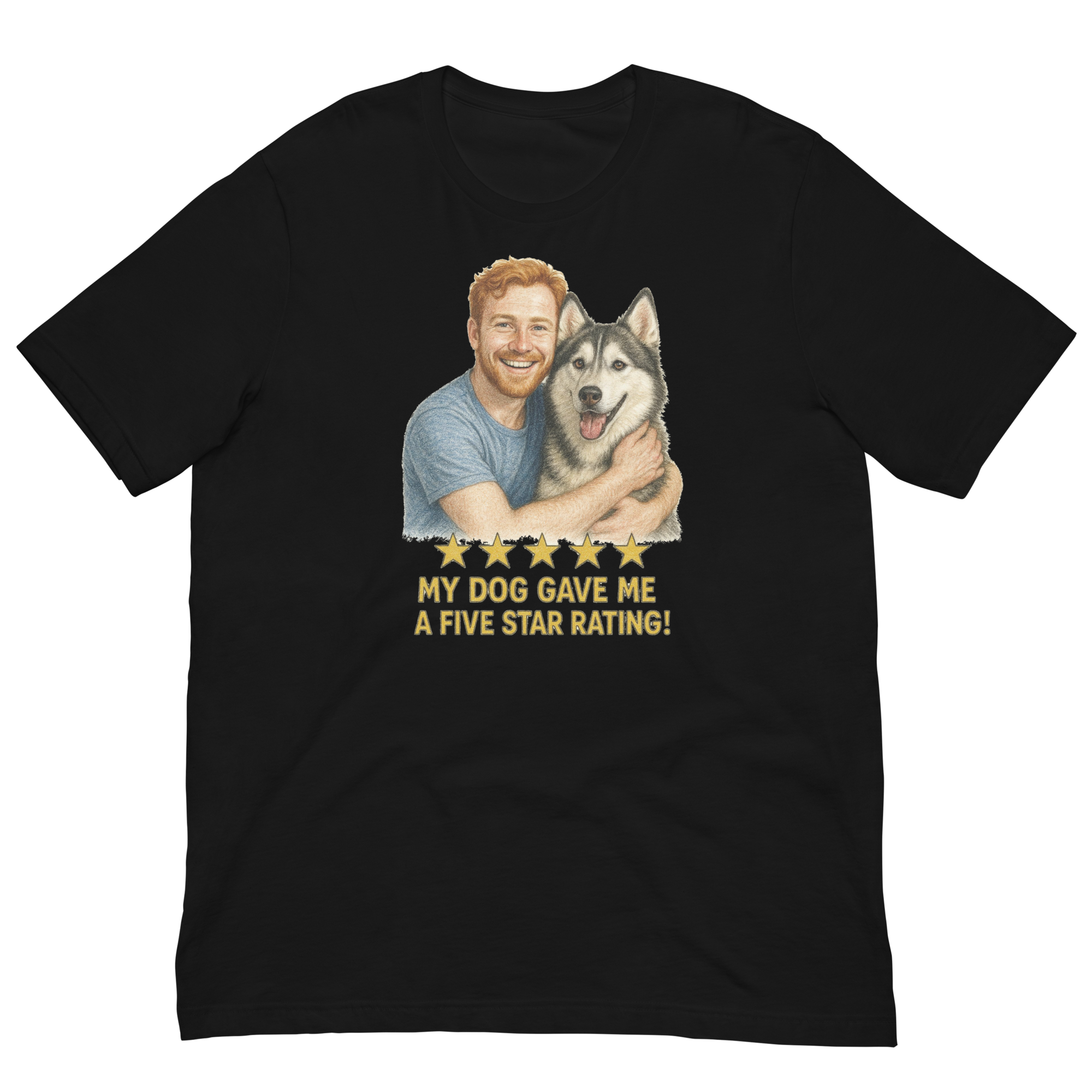 Red Hair Man with Alaskan Husky graphic tee.