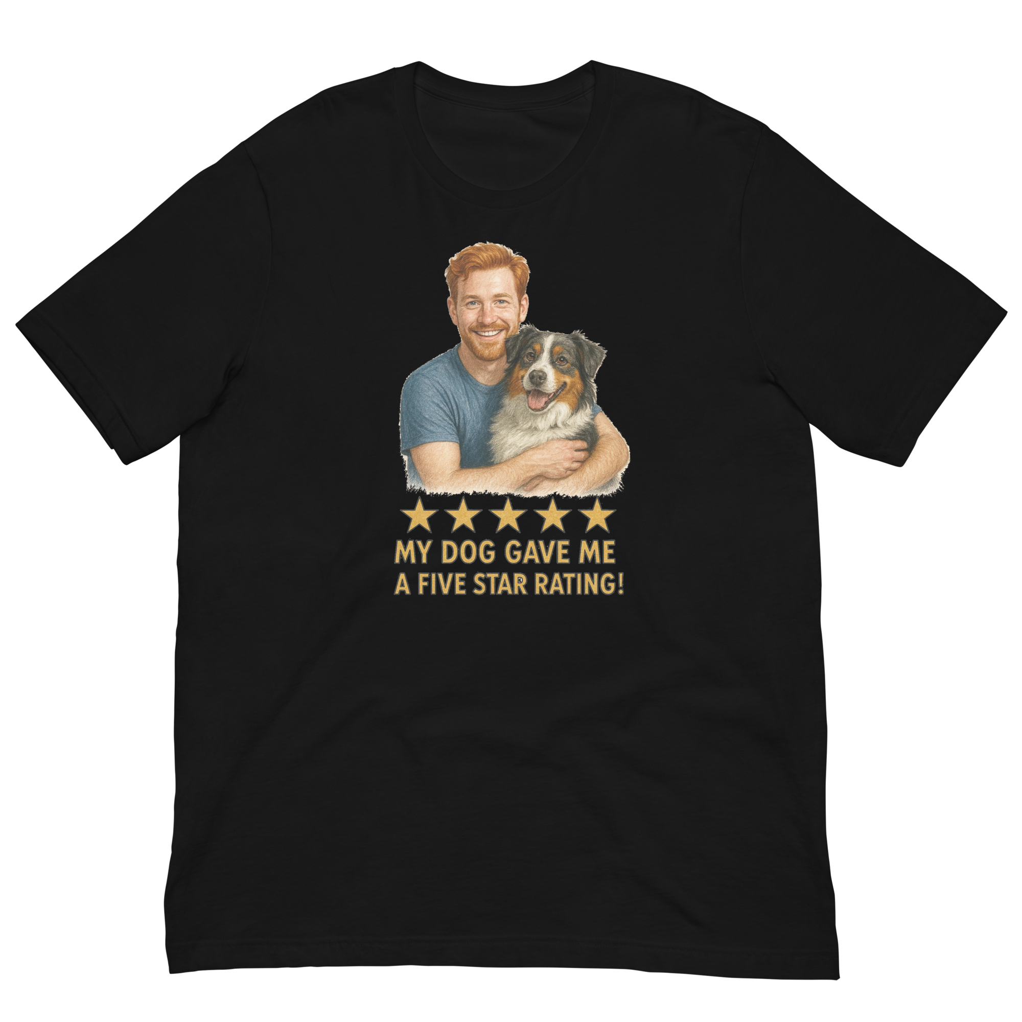 Red Hair Man with Australian Shepherd graphic tee.
