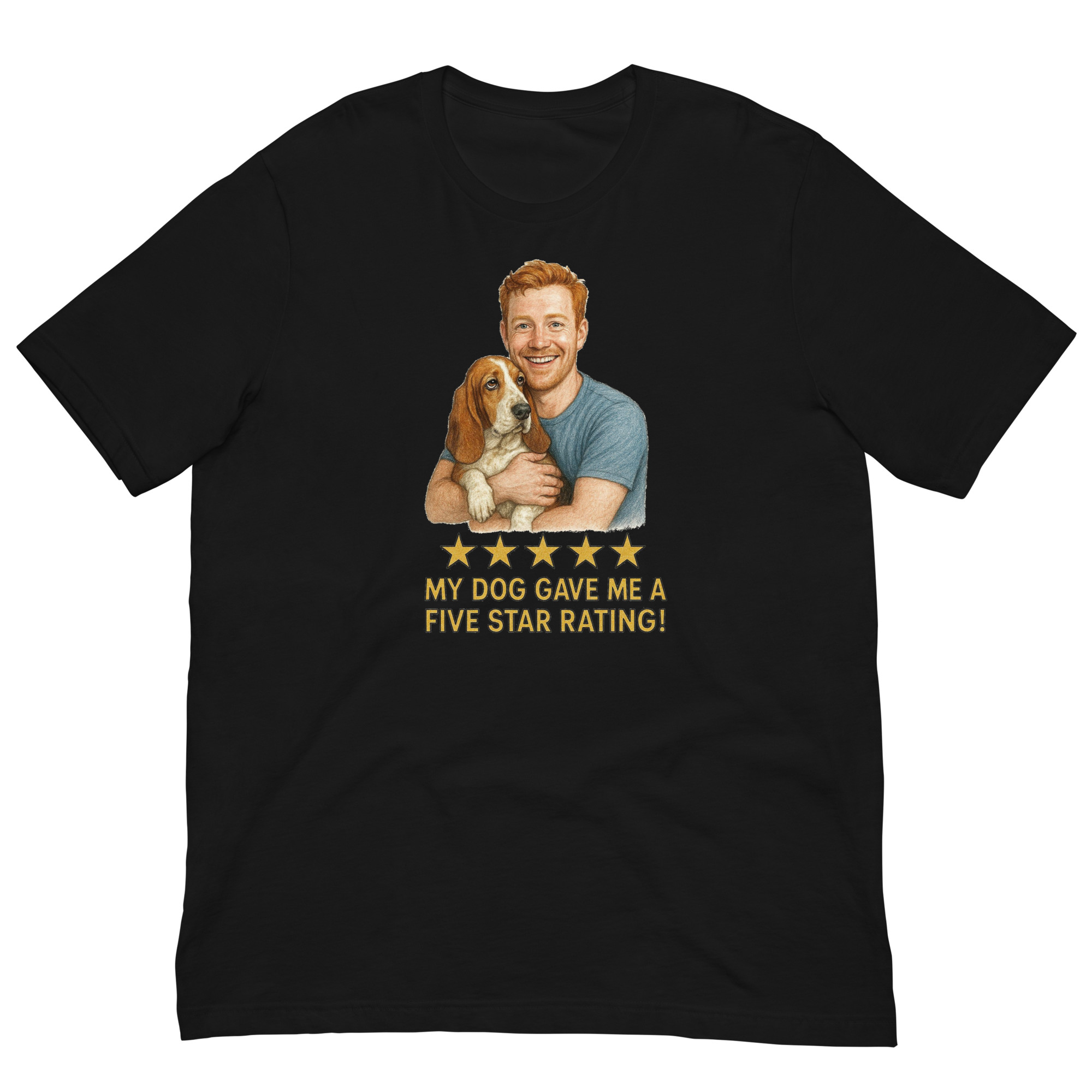 Red Hair Man with Basset Hound graphic tee.