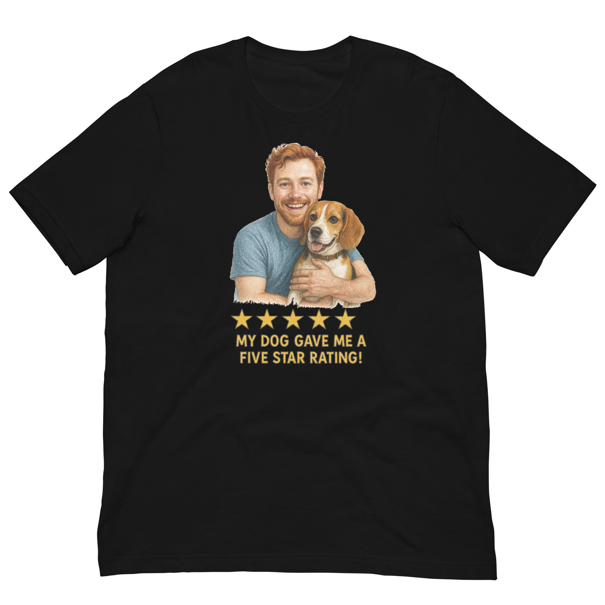 Red Hair Man with Beagle graphic tee.