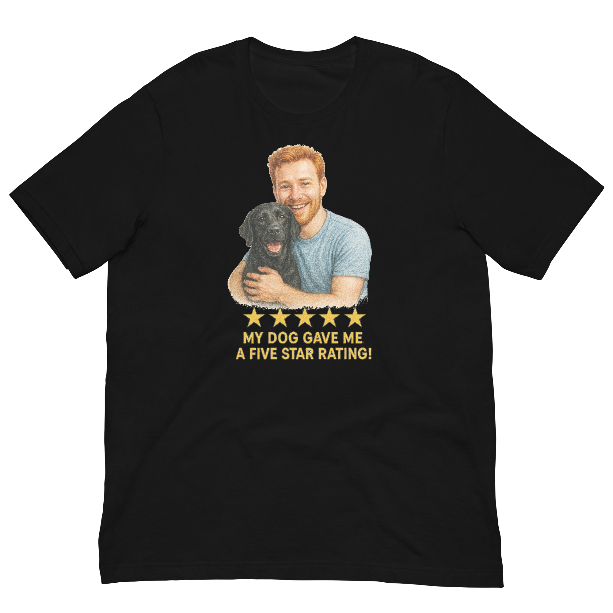 Red Hair Man with Black Labrador graphic tee.