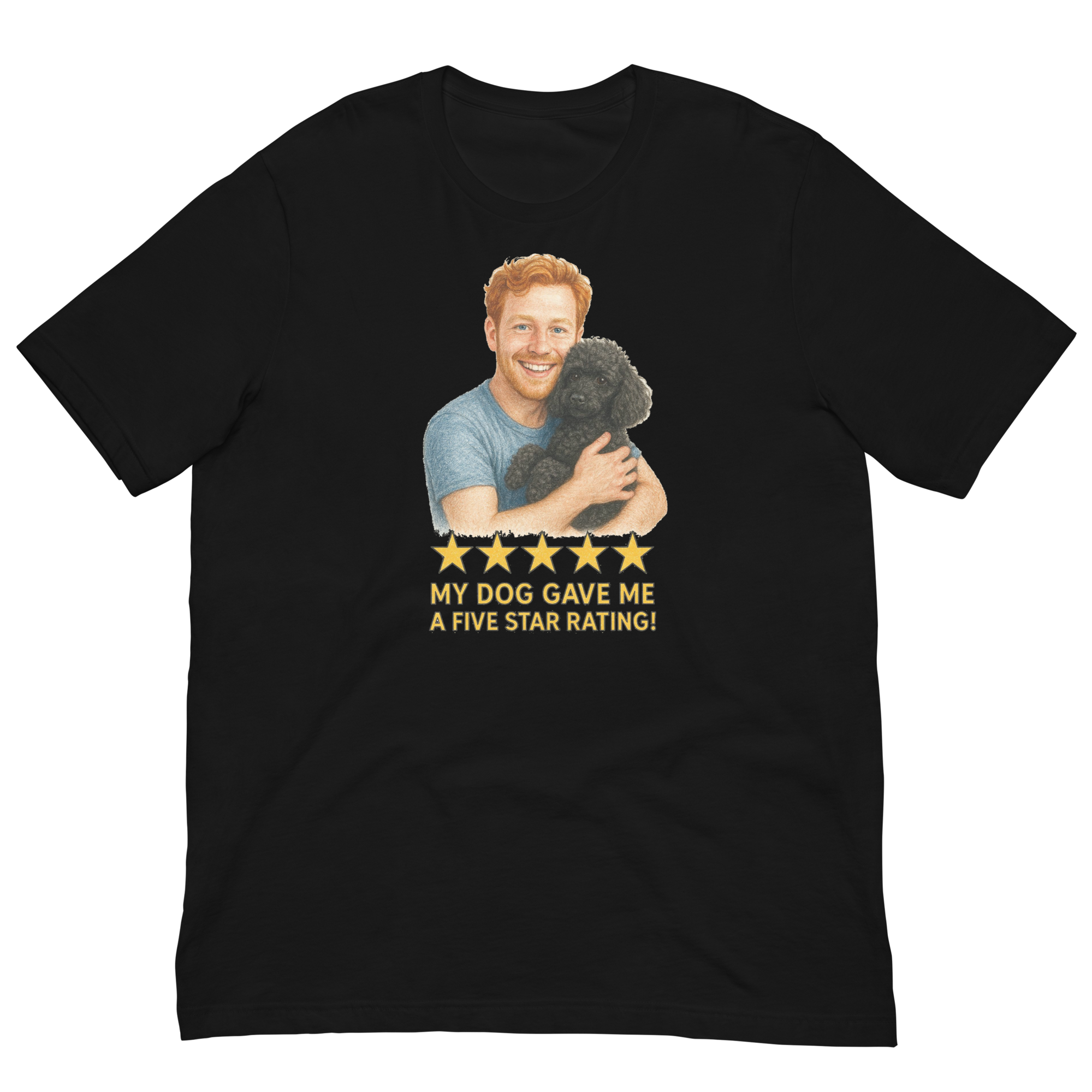 Red Hair Man with Black Poodle graphic tee.