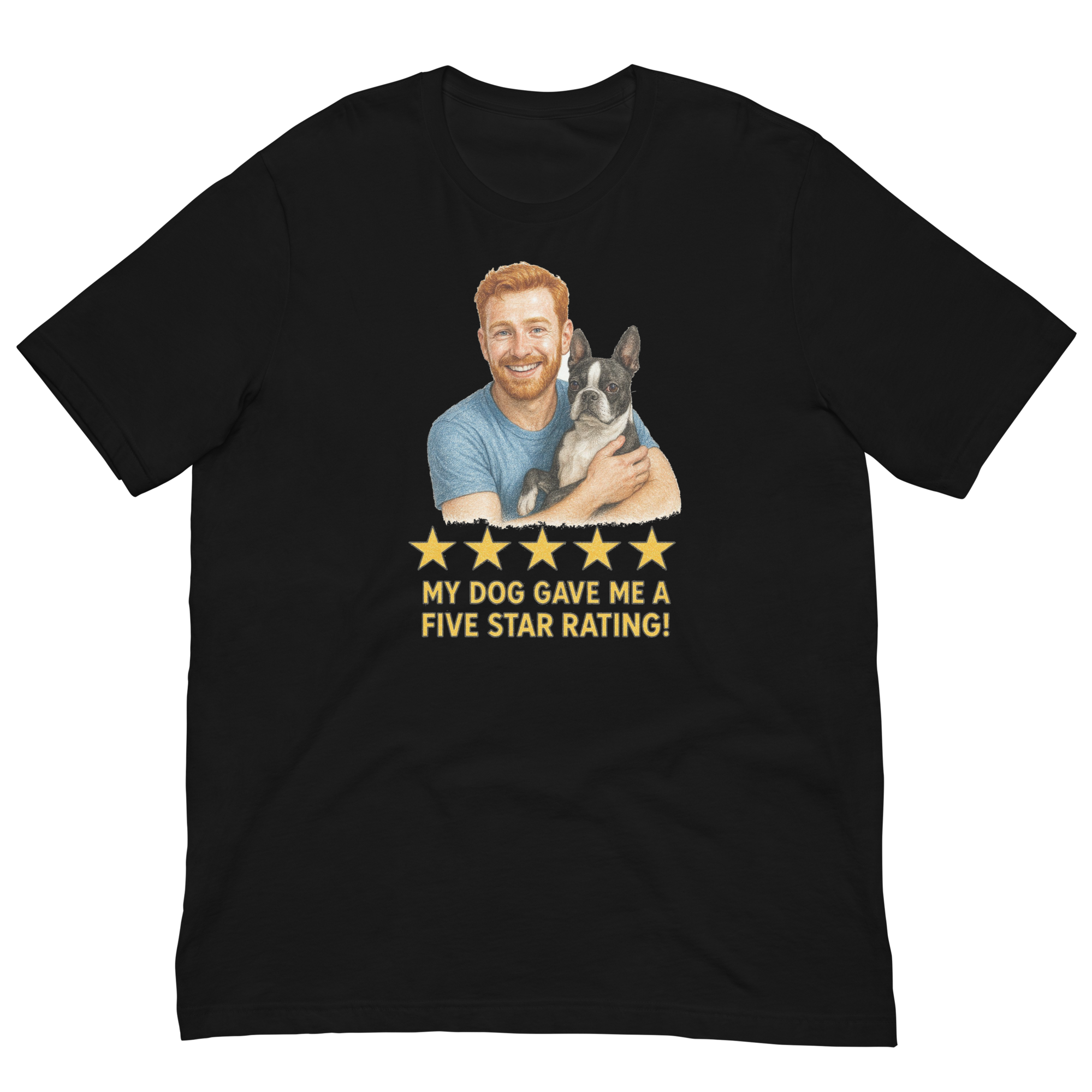 Red Hair Man with Boston Terrier graphic tee.