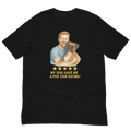 Red Hair Man with Boxer graphic tee.