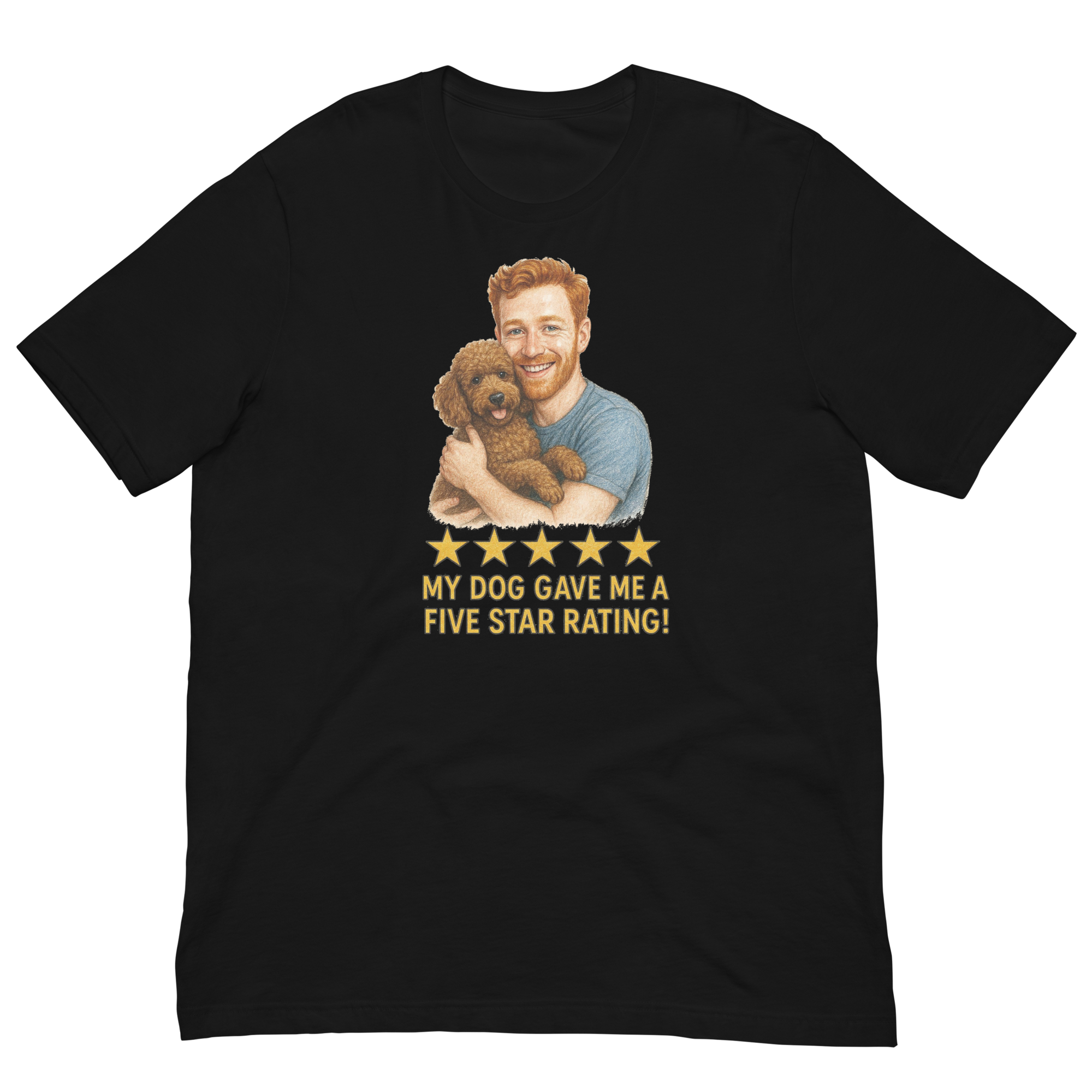 Red Hair Man with Brown Poodle graphic tee.