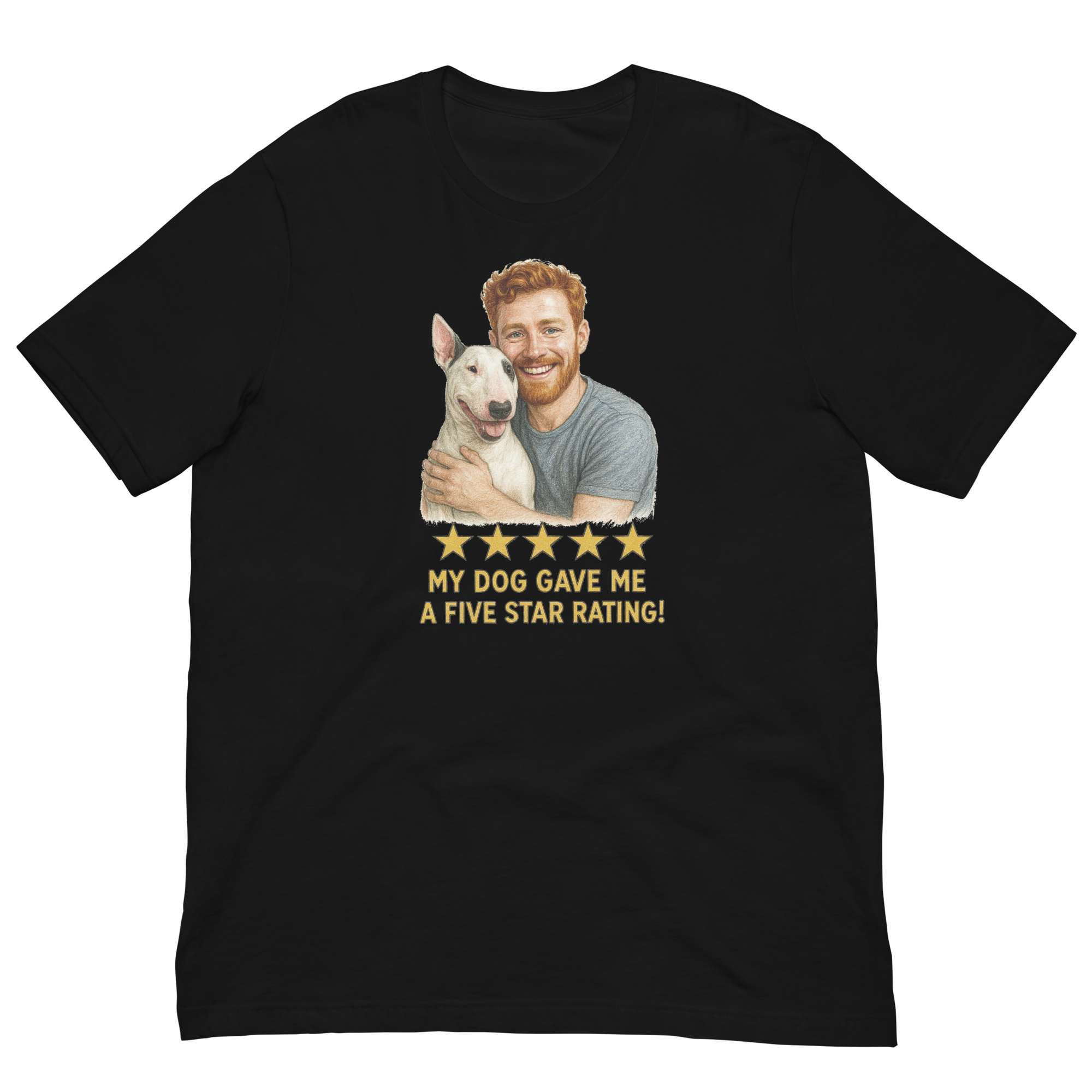 Red Hair Man with Bull Terrier graphic tee.