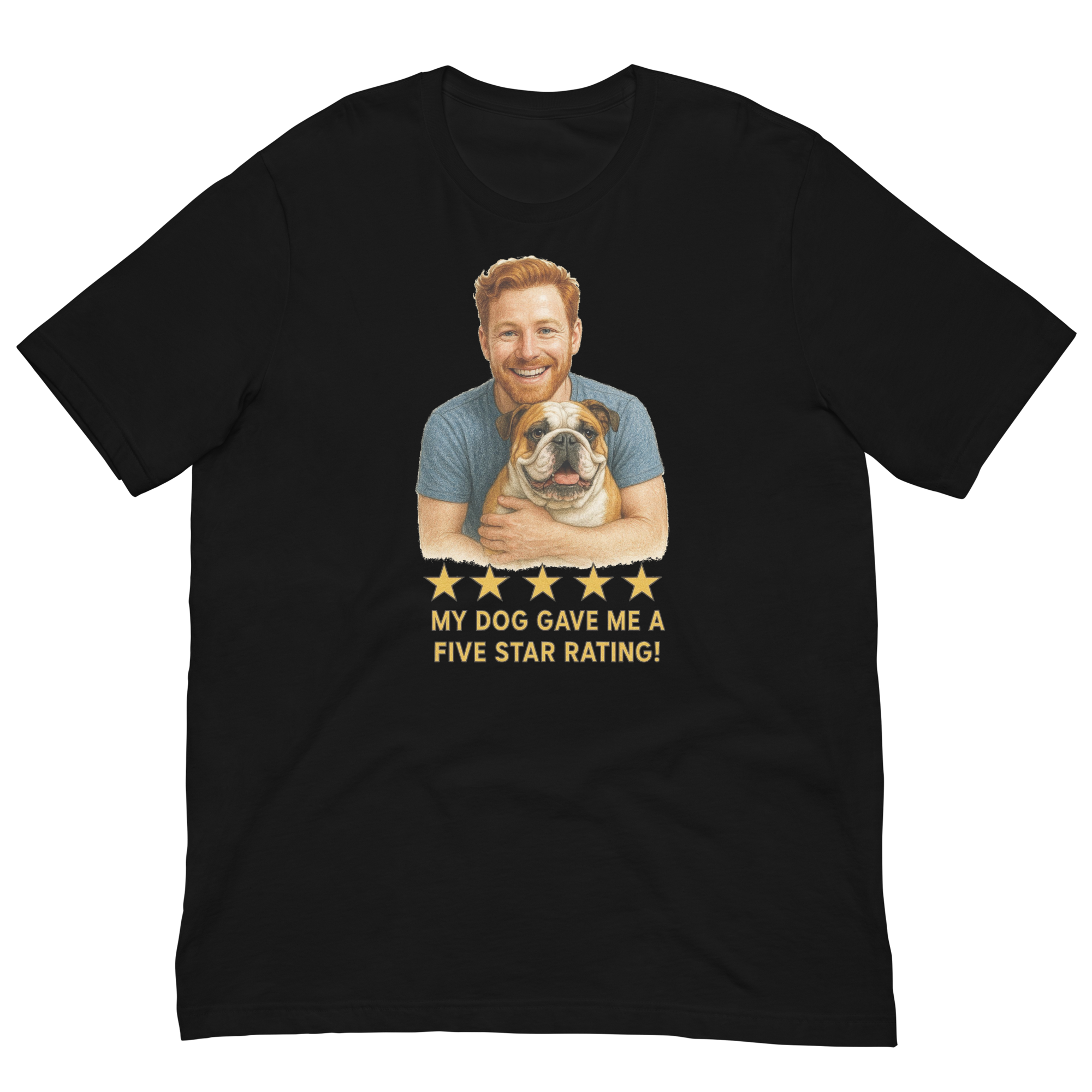 Red Hair Man with Bulldog graphic tee.