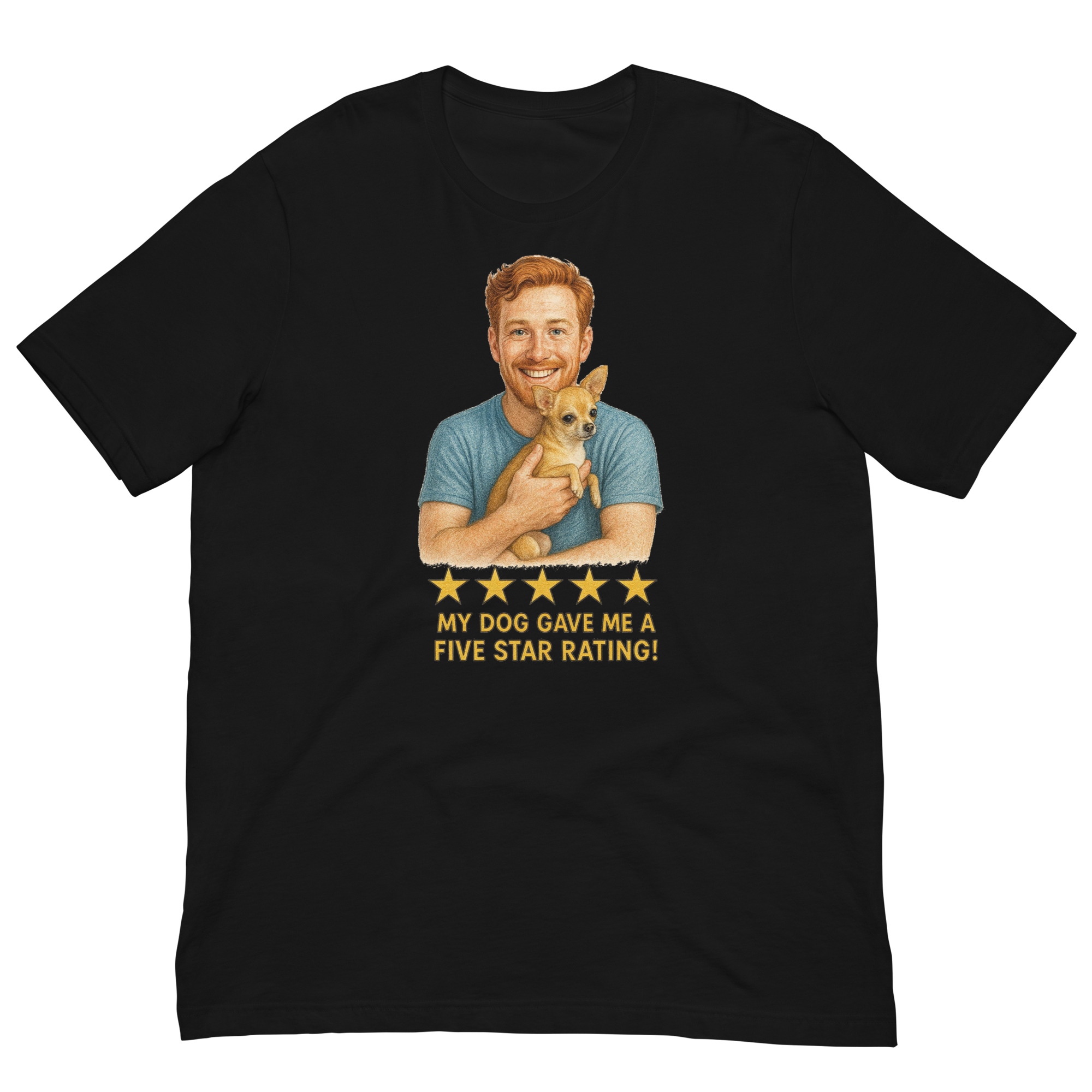 Red Hair Man with Chihuahua graphic tee.
