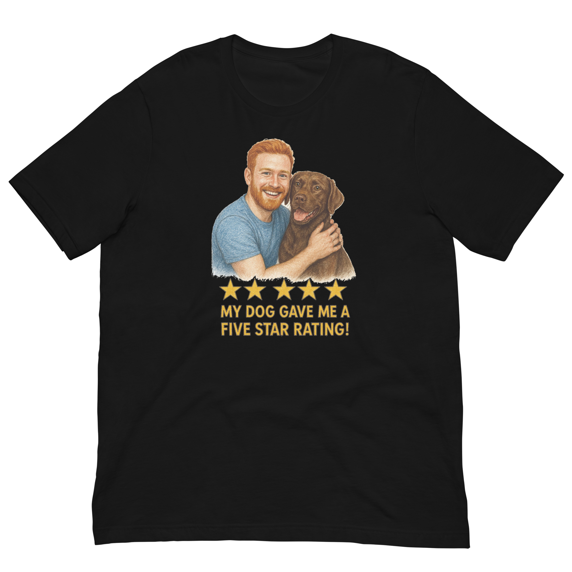 Red Hair Man with Chocolate Labrador graphic tee.