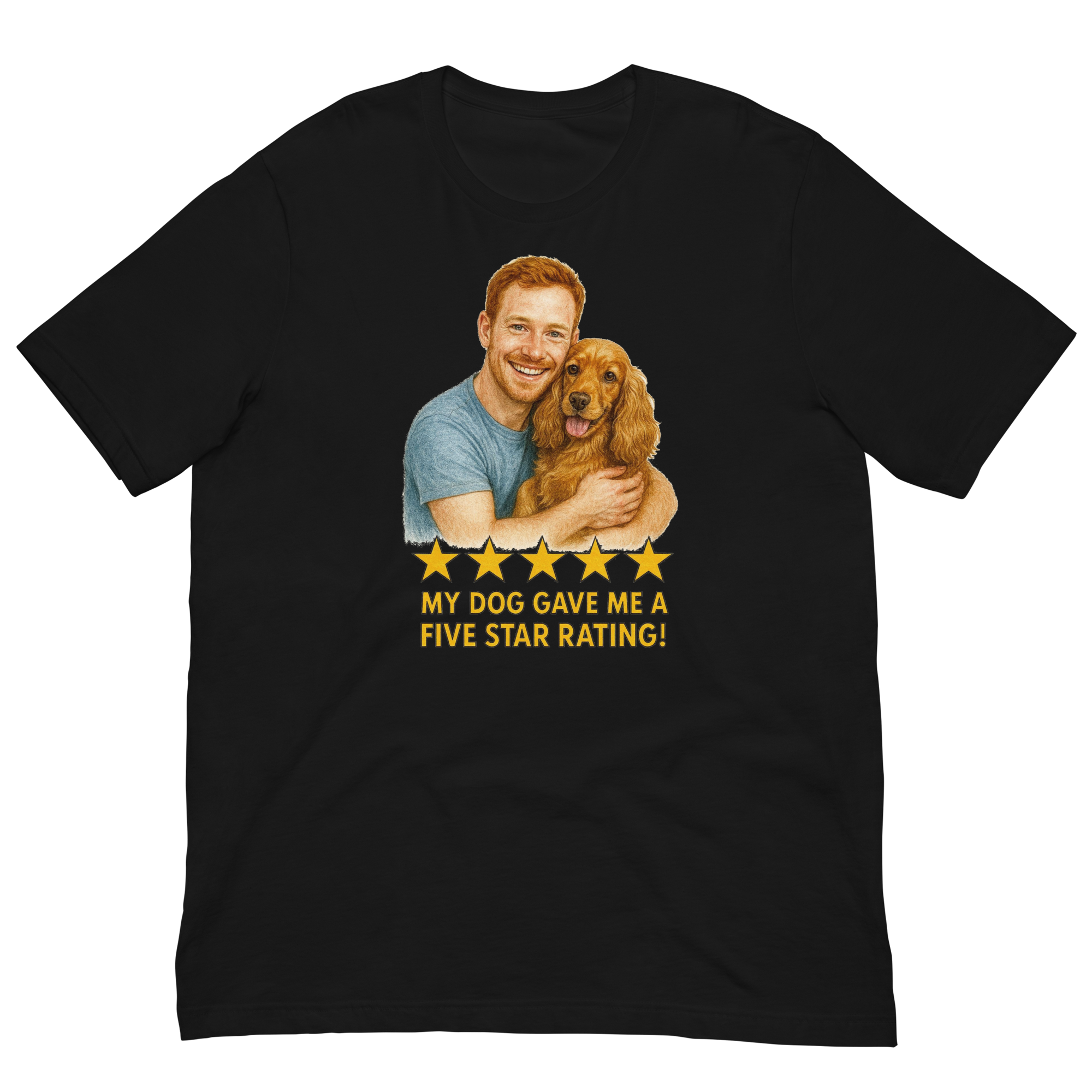 Red Hair Man with Cocker Spaniel graphic tee.