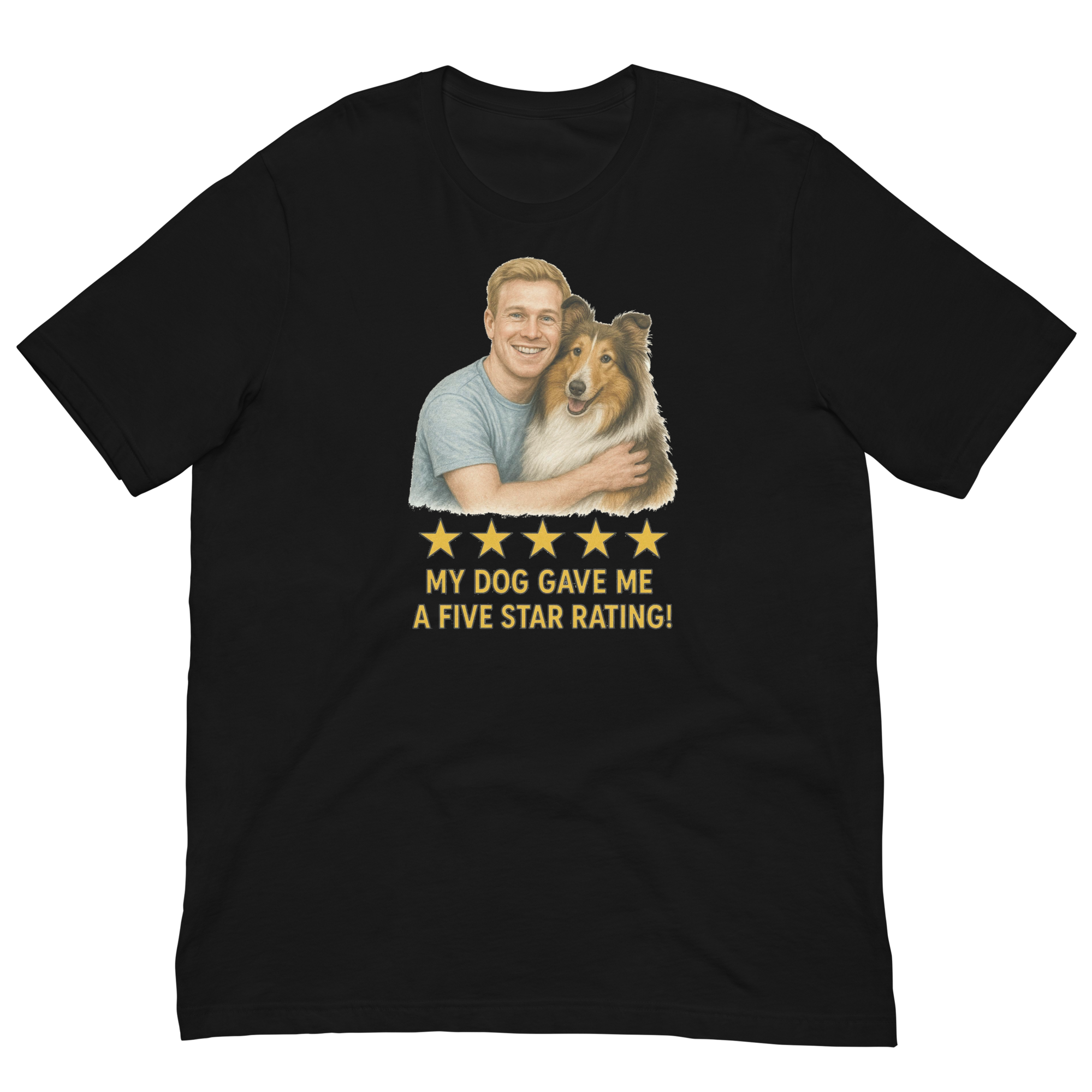 Red Hair Man with Collie graphic tee.