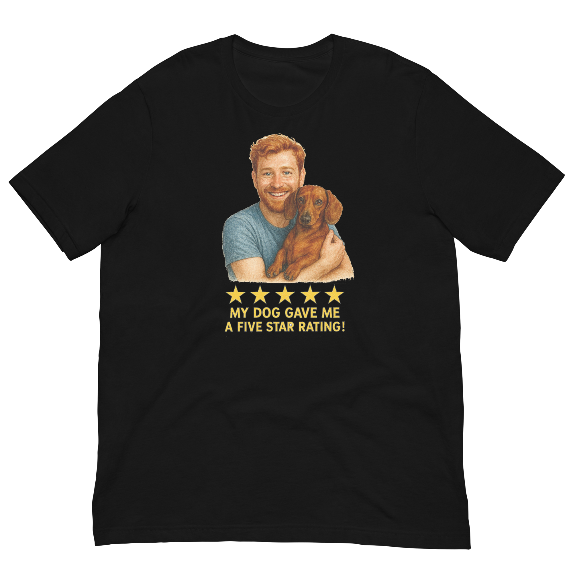 Red Hair Man with Dachshund graphic tee.