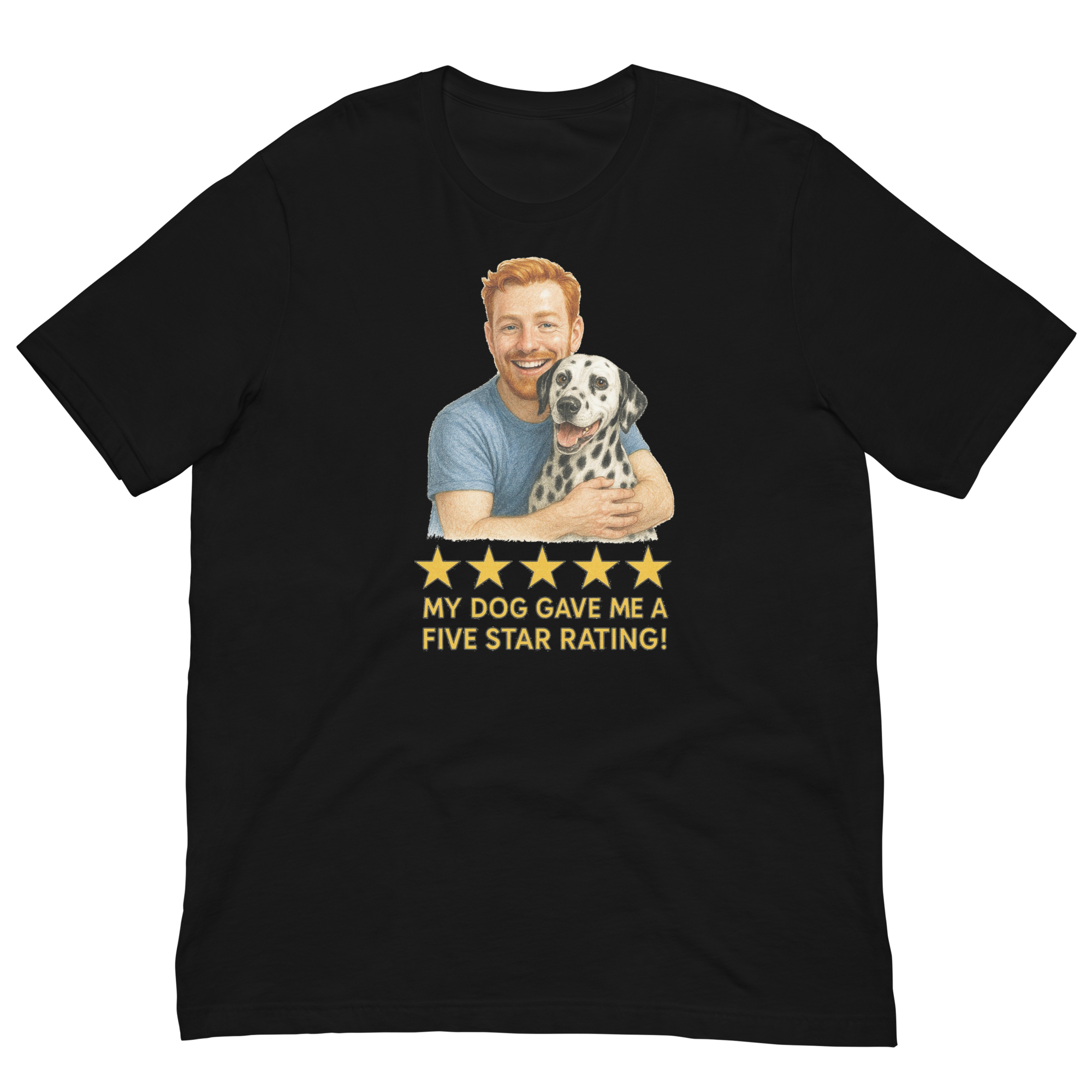 Red Hair Man with Dalmatian graphic tee.