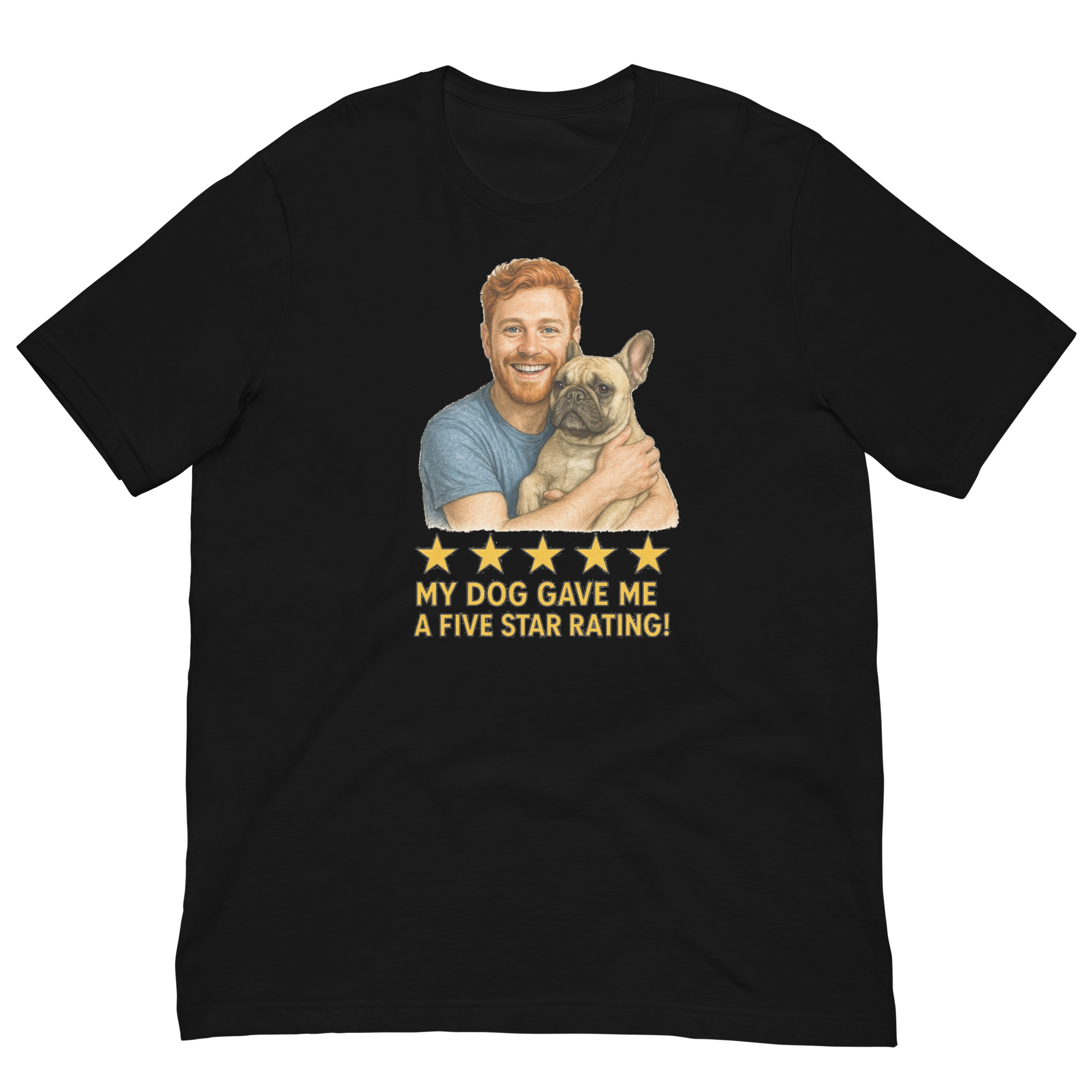 Red Hair Man with French Bulldog graphic tee.