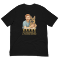 Red Hair Man with German Shepherd graphic tee.