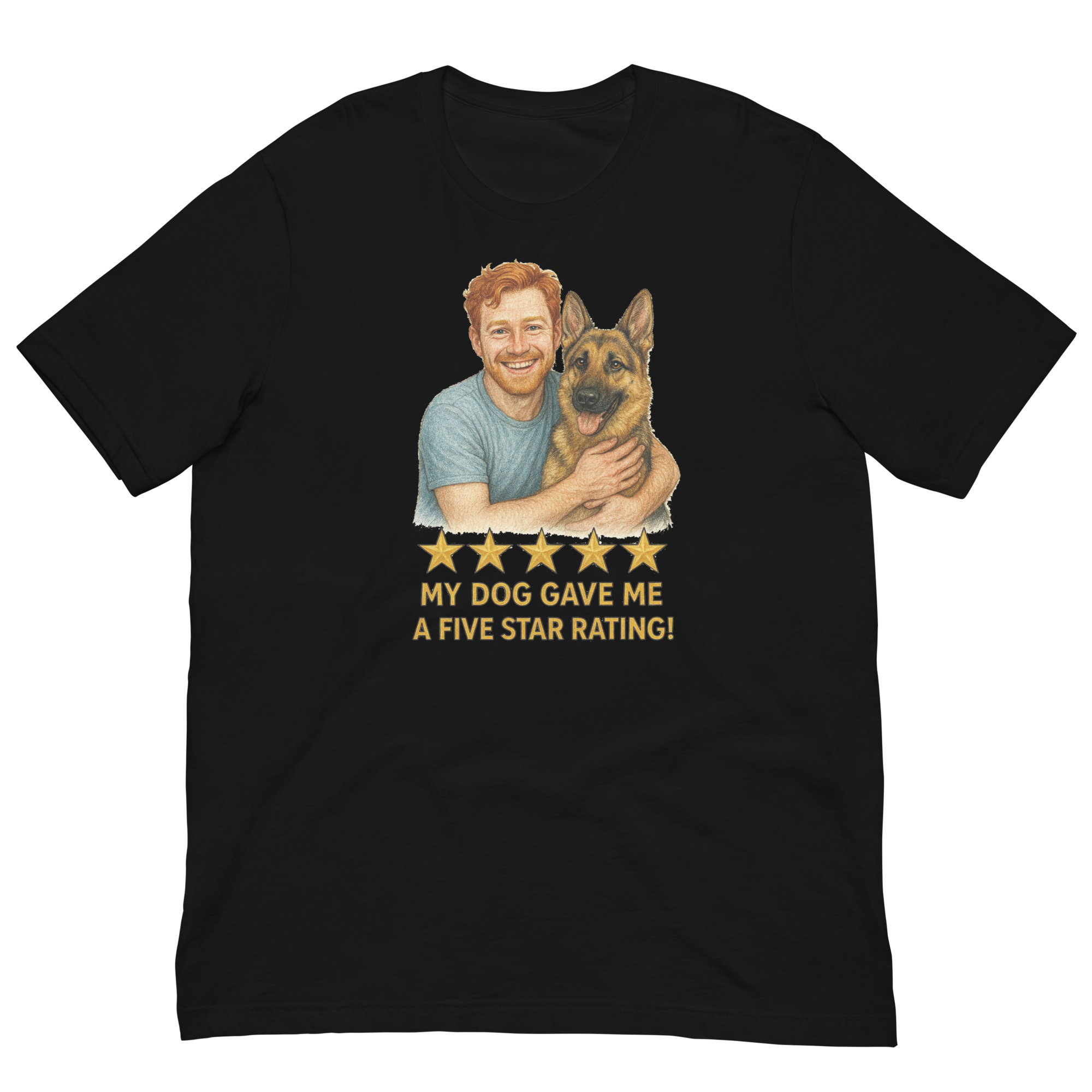Red Hair Man with German Shepherd graphic tee.