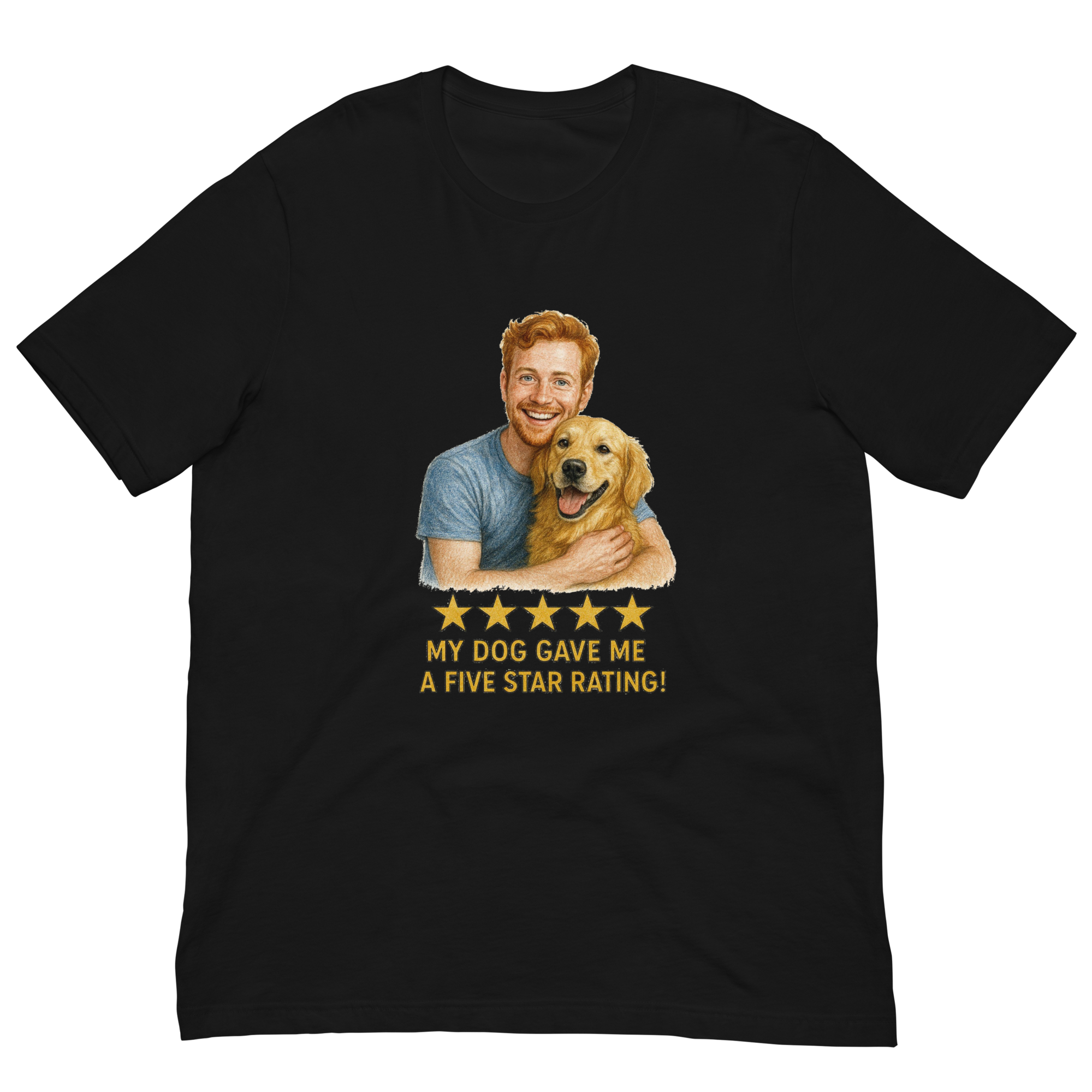 Red Hair Man with Golden Retriever graphic tee.
