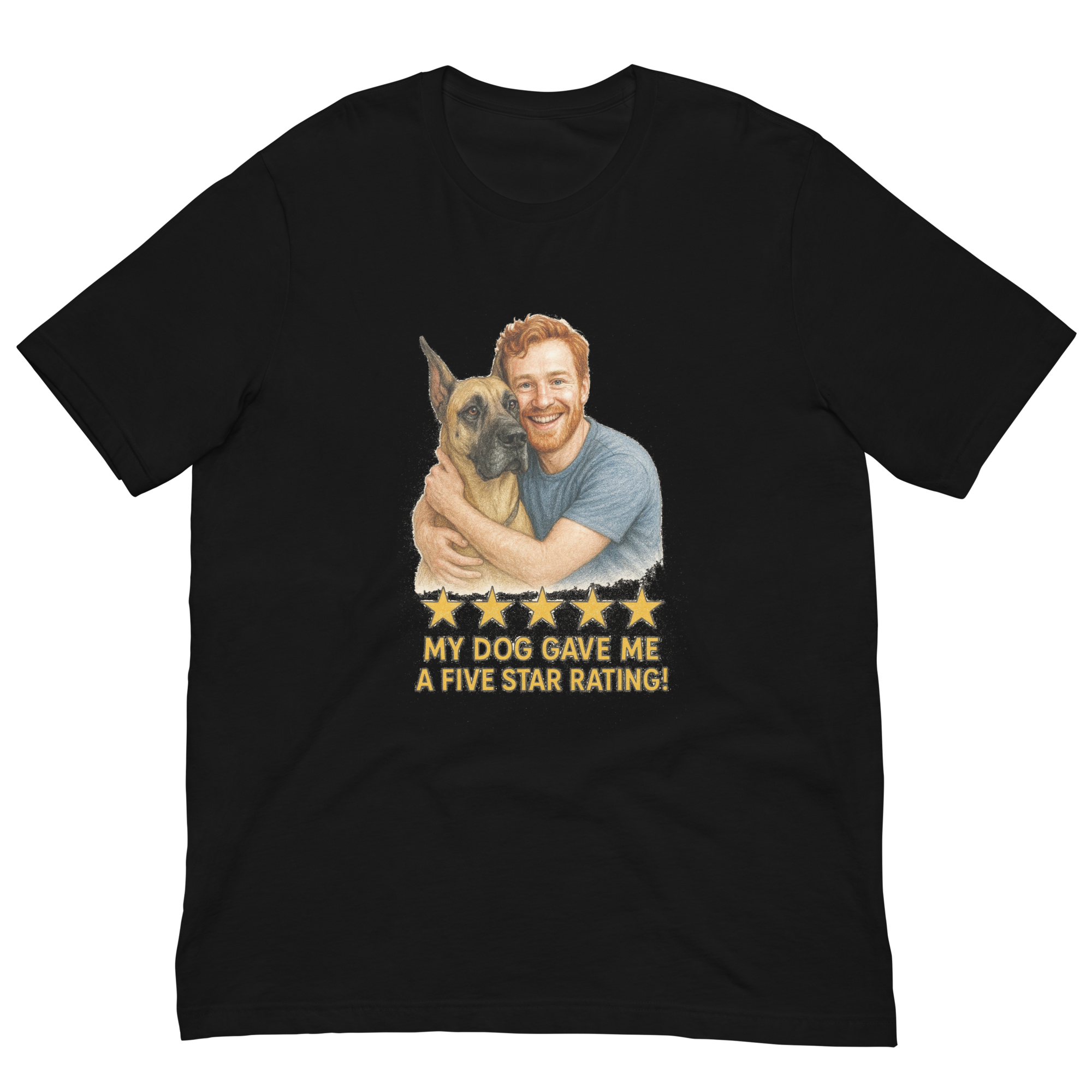 Red Hair Man with Great Dane graphic tee.