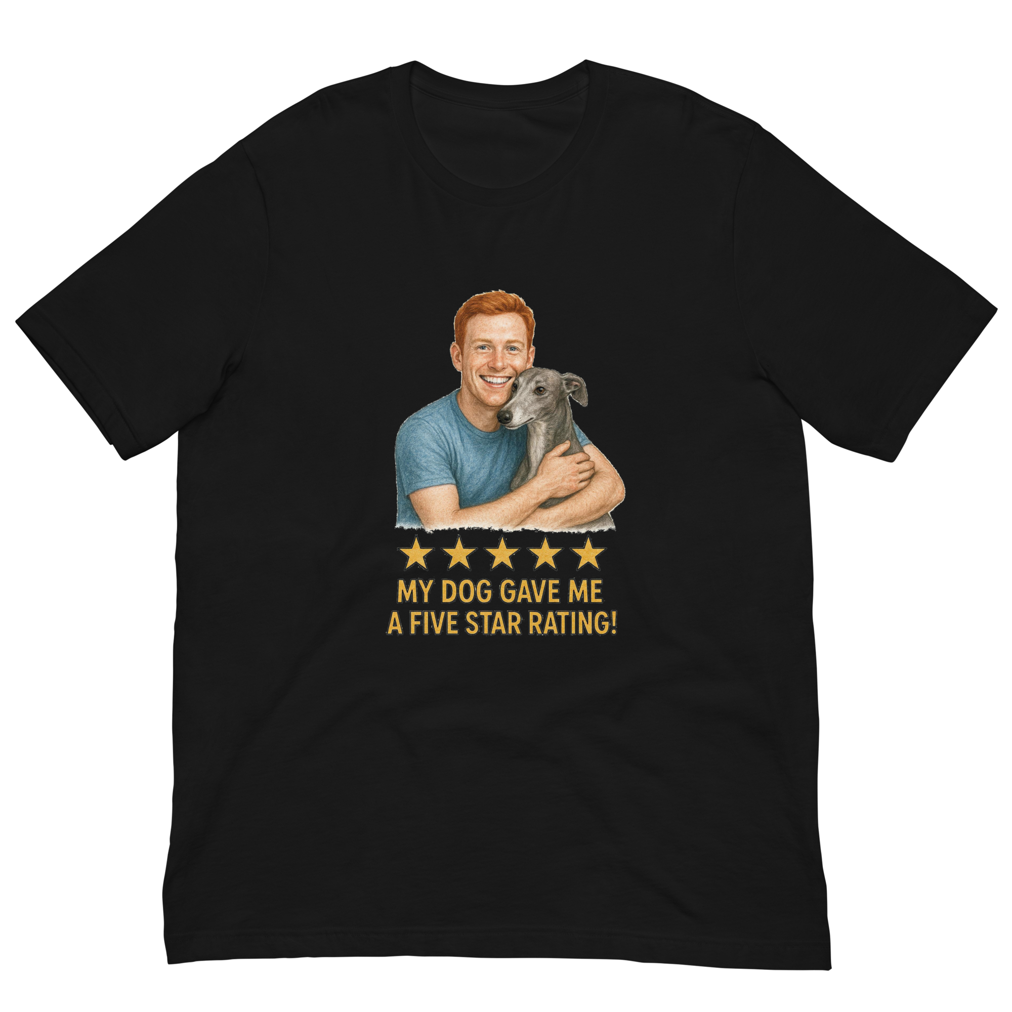 Red Hair Man with Greyhound graphic tee.