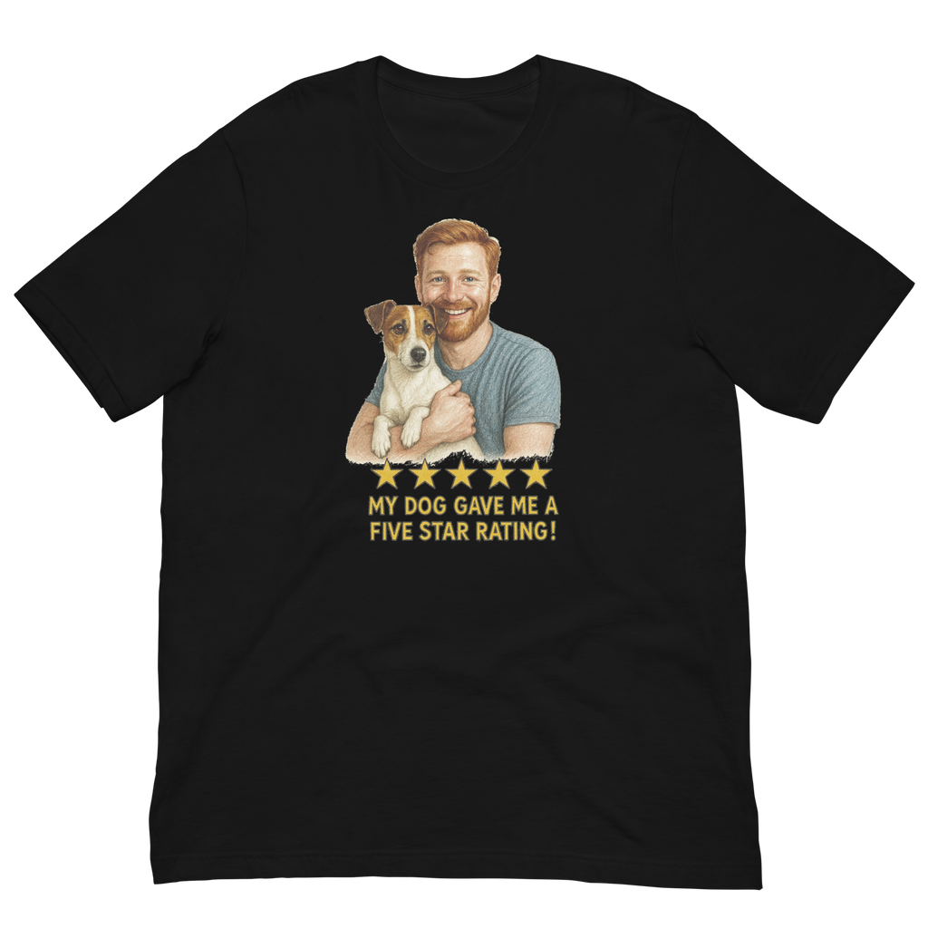 Red Hair Man with Jack Russell Terrier graphic tee.