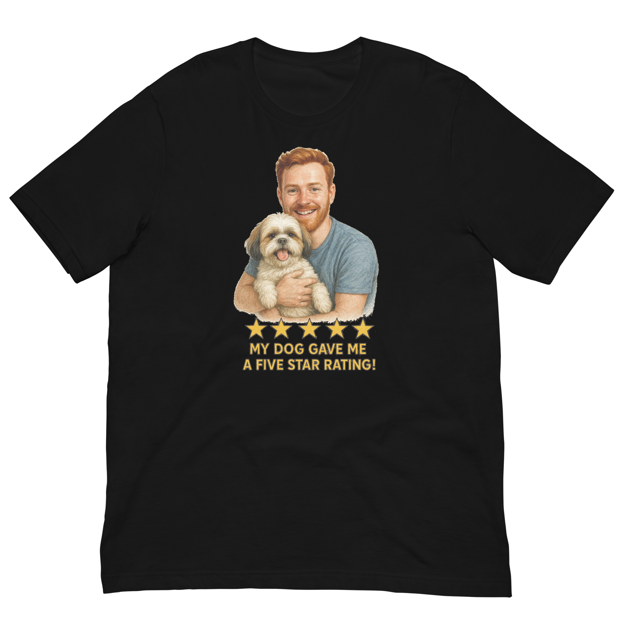 Red Hair Man with Shih Tzu graphic tee.