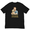 Red Hair Man with Yellow Labrador graphic tee.