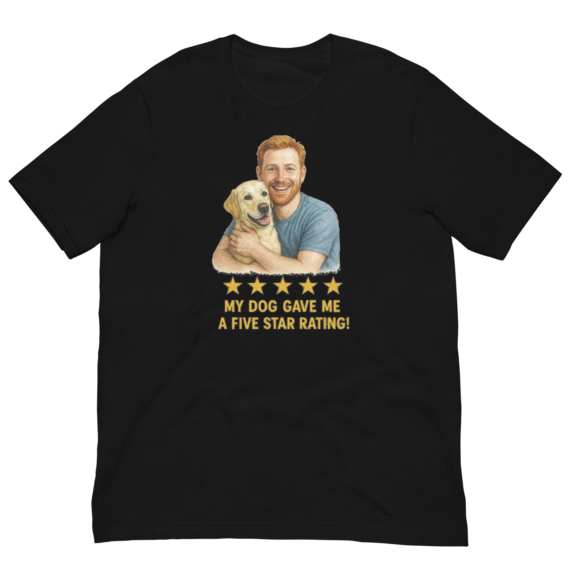 Red Hair Man with Yellow Labrador graphic tee.