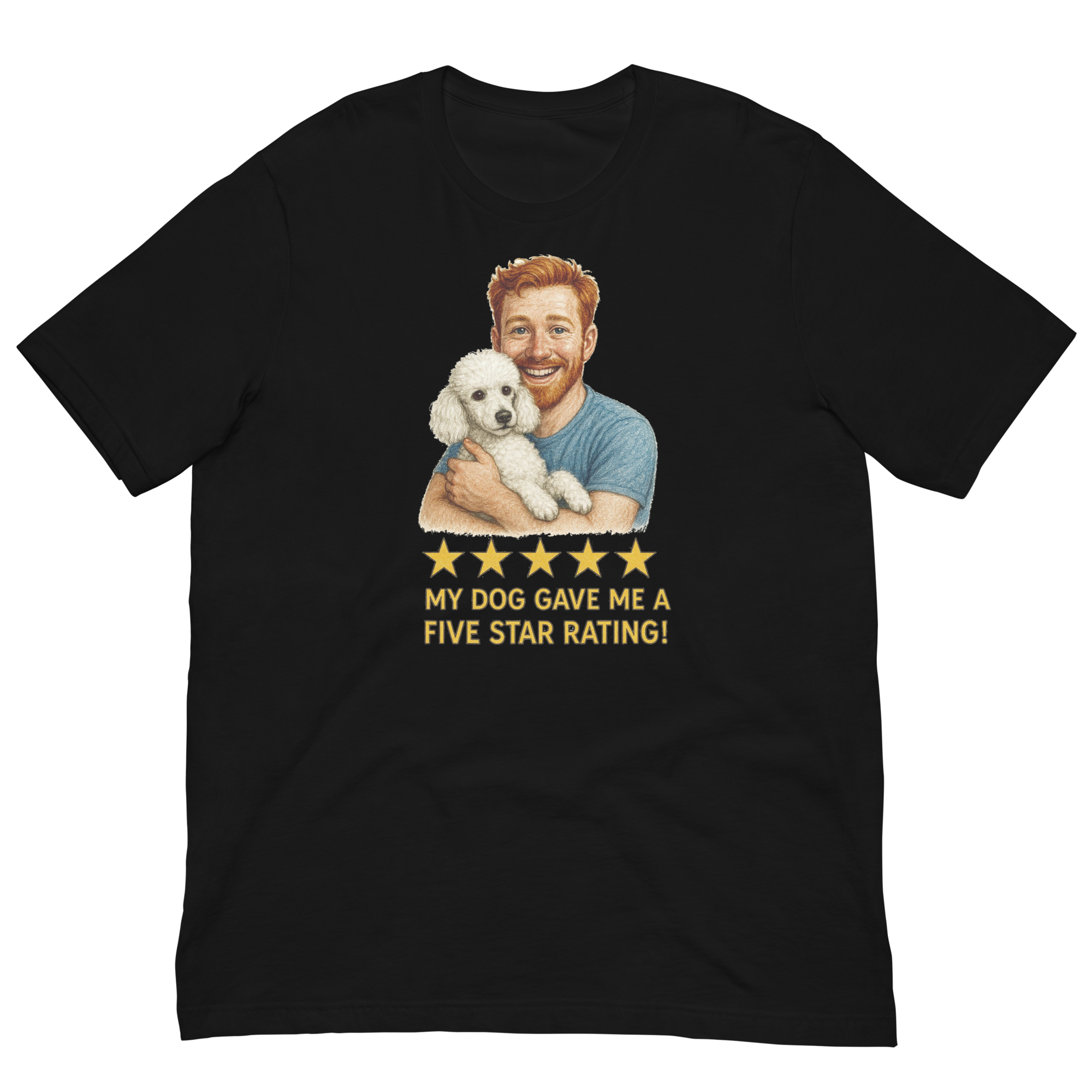 Red Hair Man with White Poodle graphic tee.