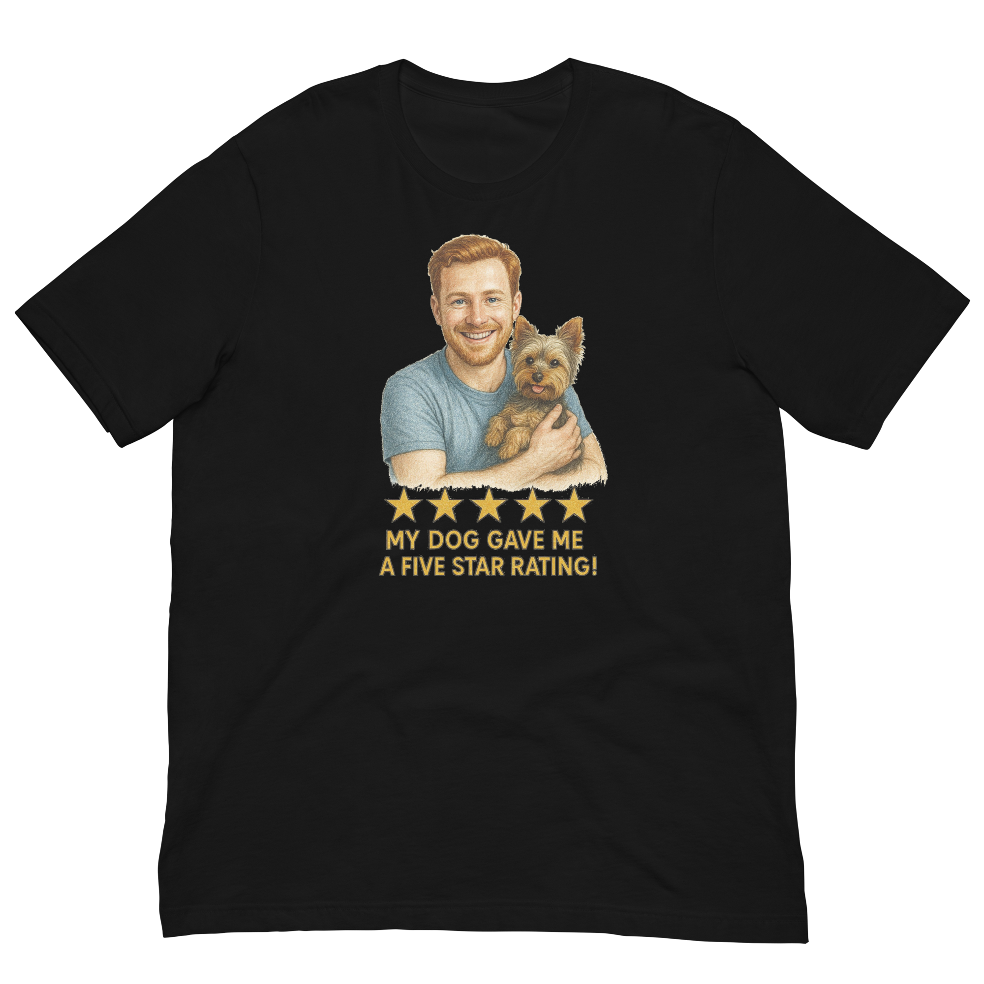 Red Hair Man with Yorkie graphic tee.