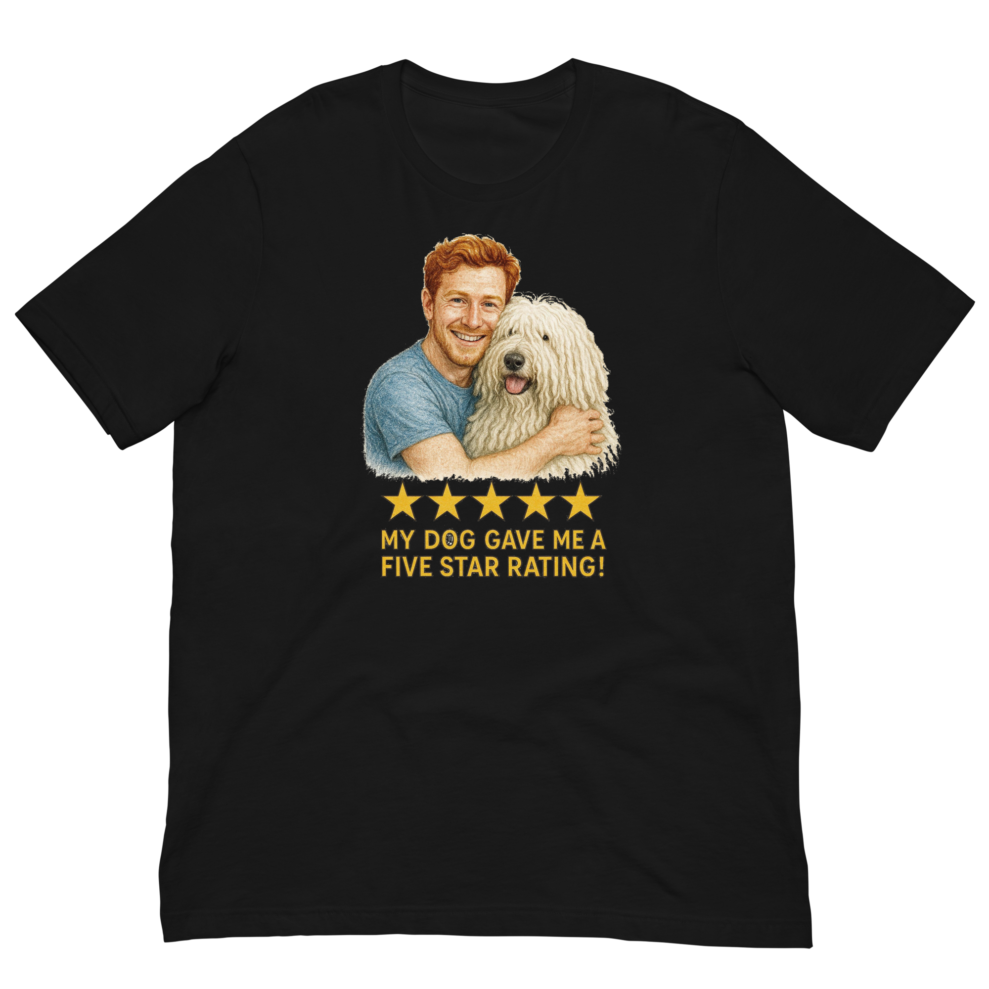 Red Hair Man with Komondor graphic tee.