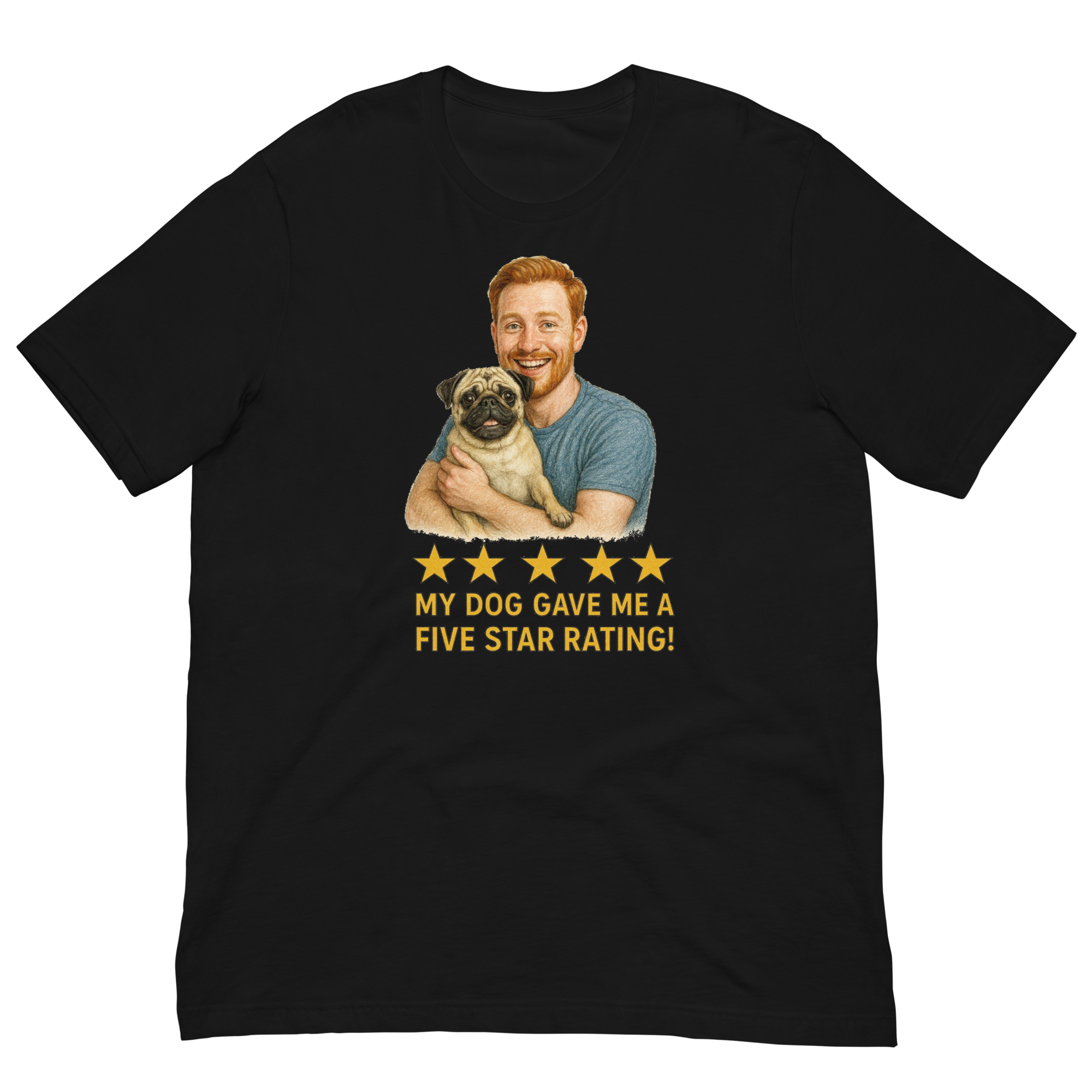 Red Hair Man with Pug graphic tee.