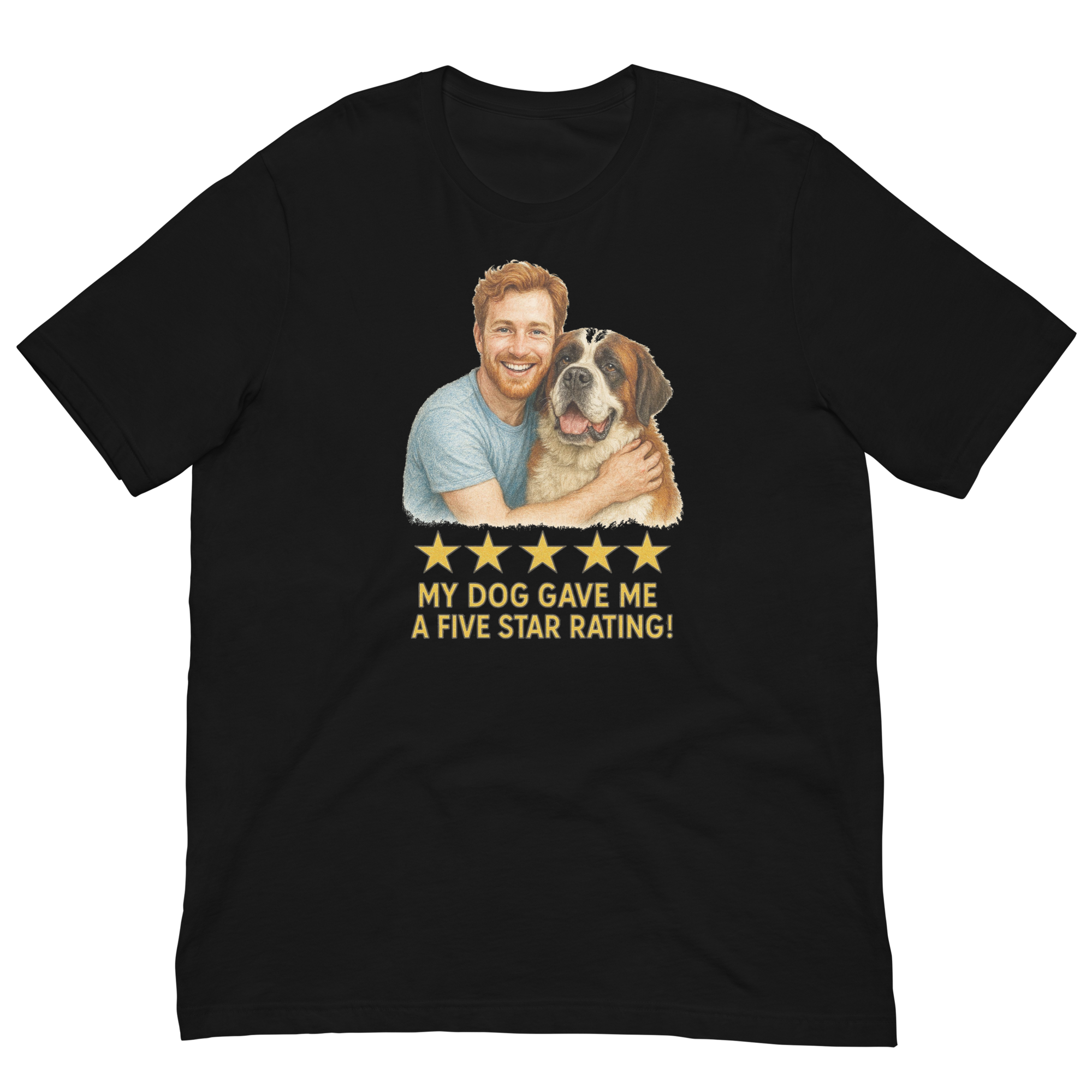 Red Hair Man with Saint Bernard graphic tee.