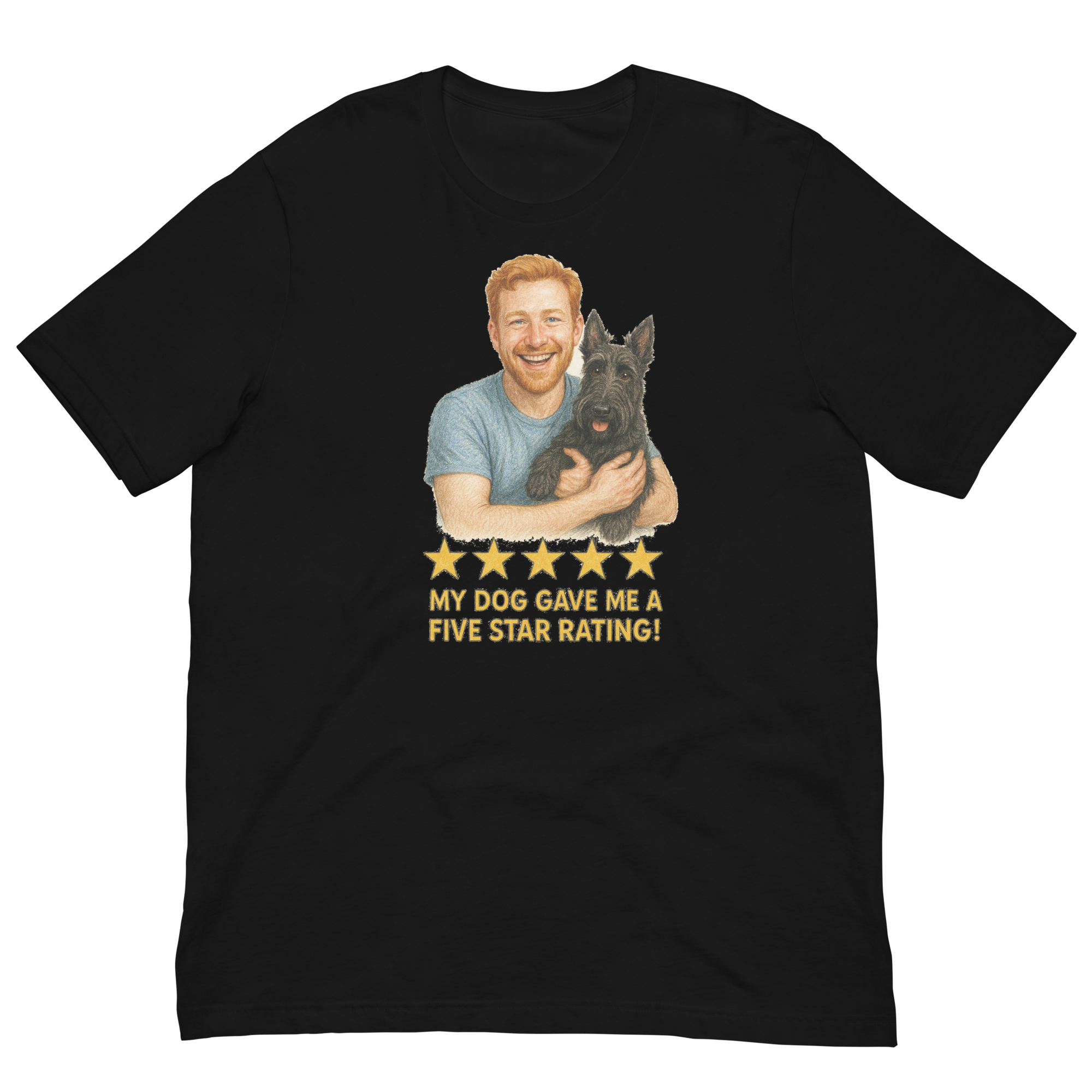 Red Hair Man with Scottie graphic tee.