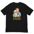 Red Hair Man with Sheepdog graphic tee.
