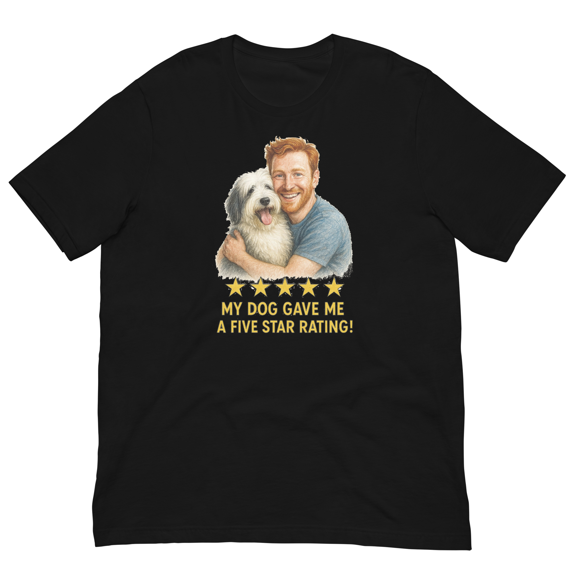 Red Hair Man with Sheepdog graphic tee.