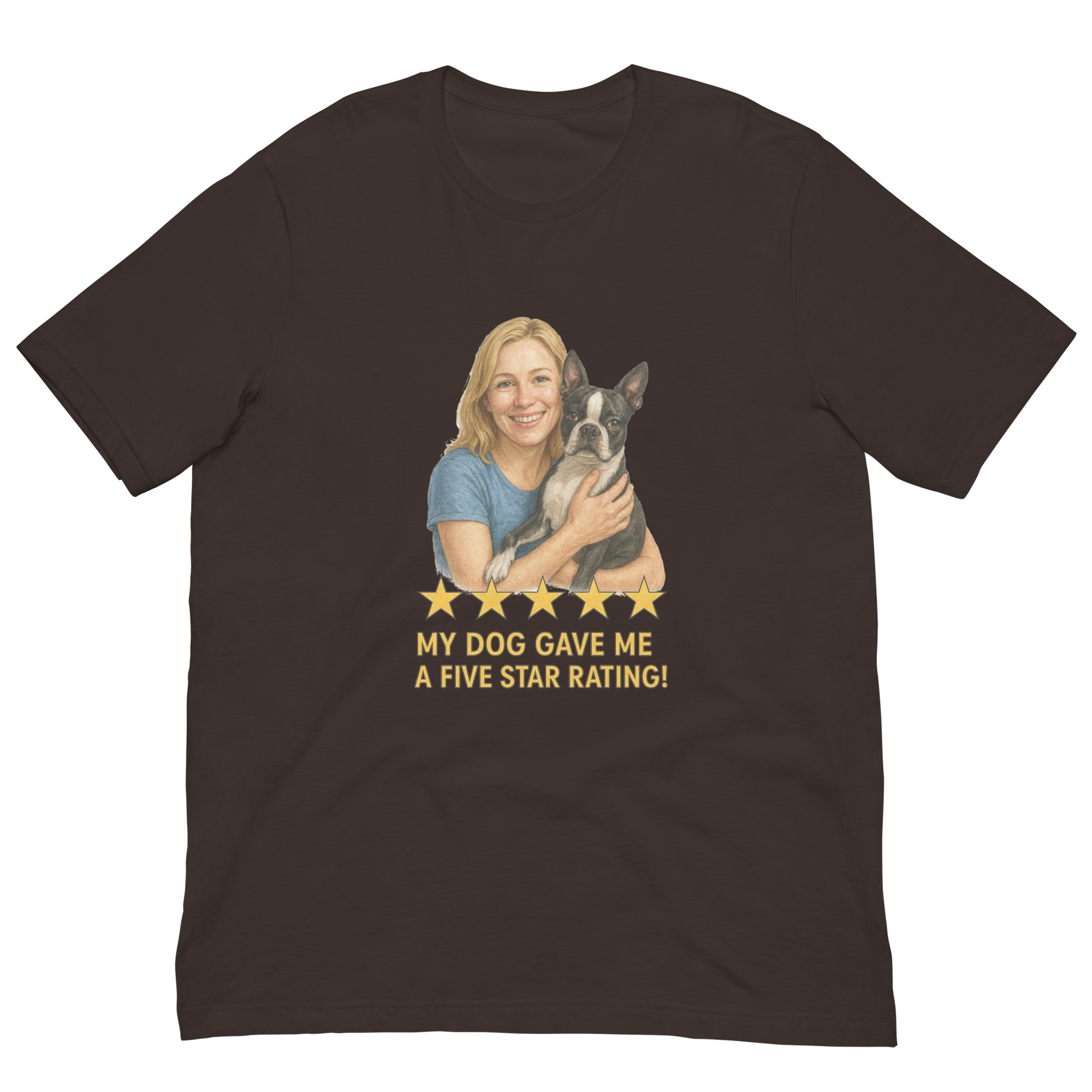 Blonde Woman with Boston Terrier graphic tee - brown